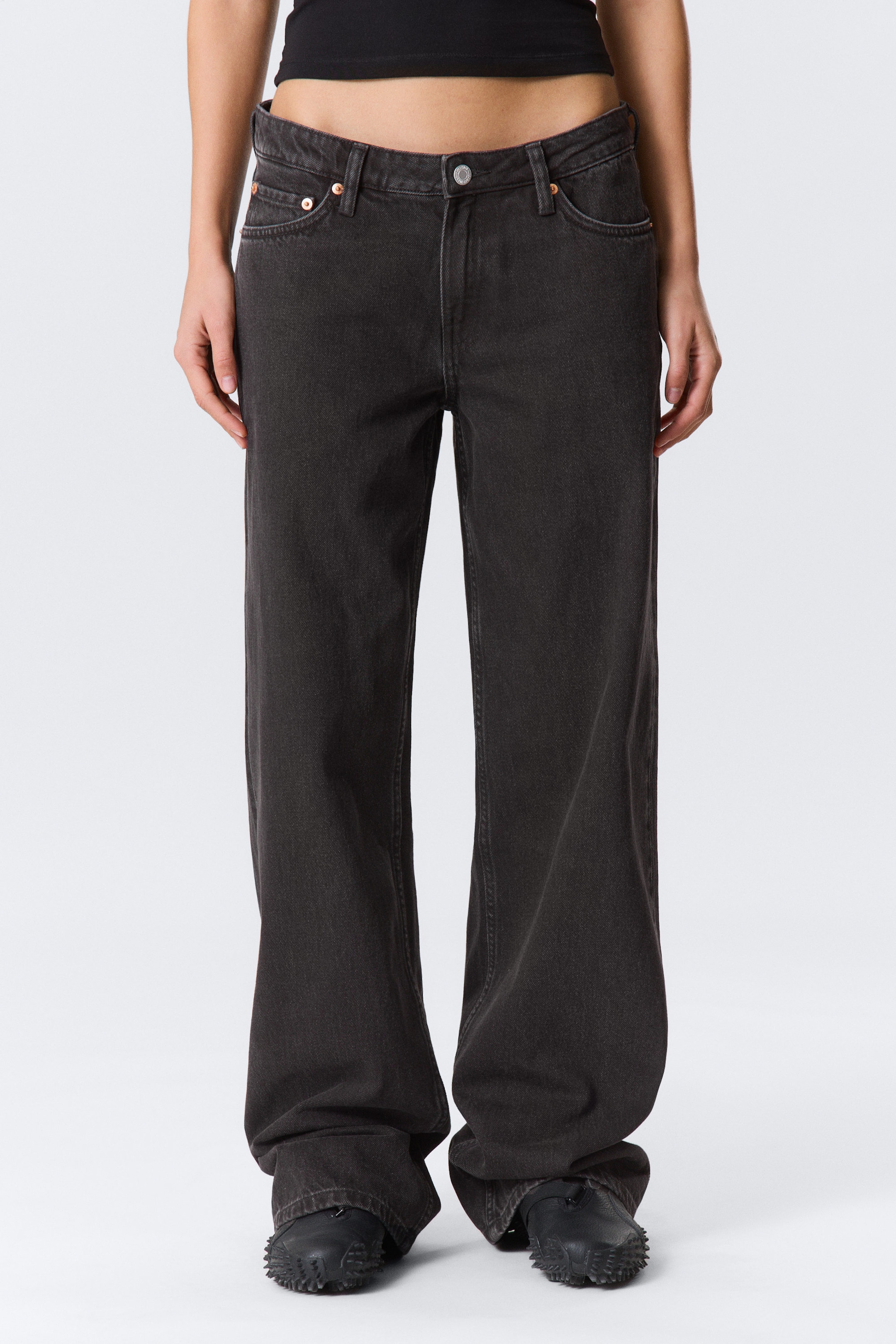 Ink Black - Black - Ample Low Rise Loose Wide Leg Jeans - 2