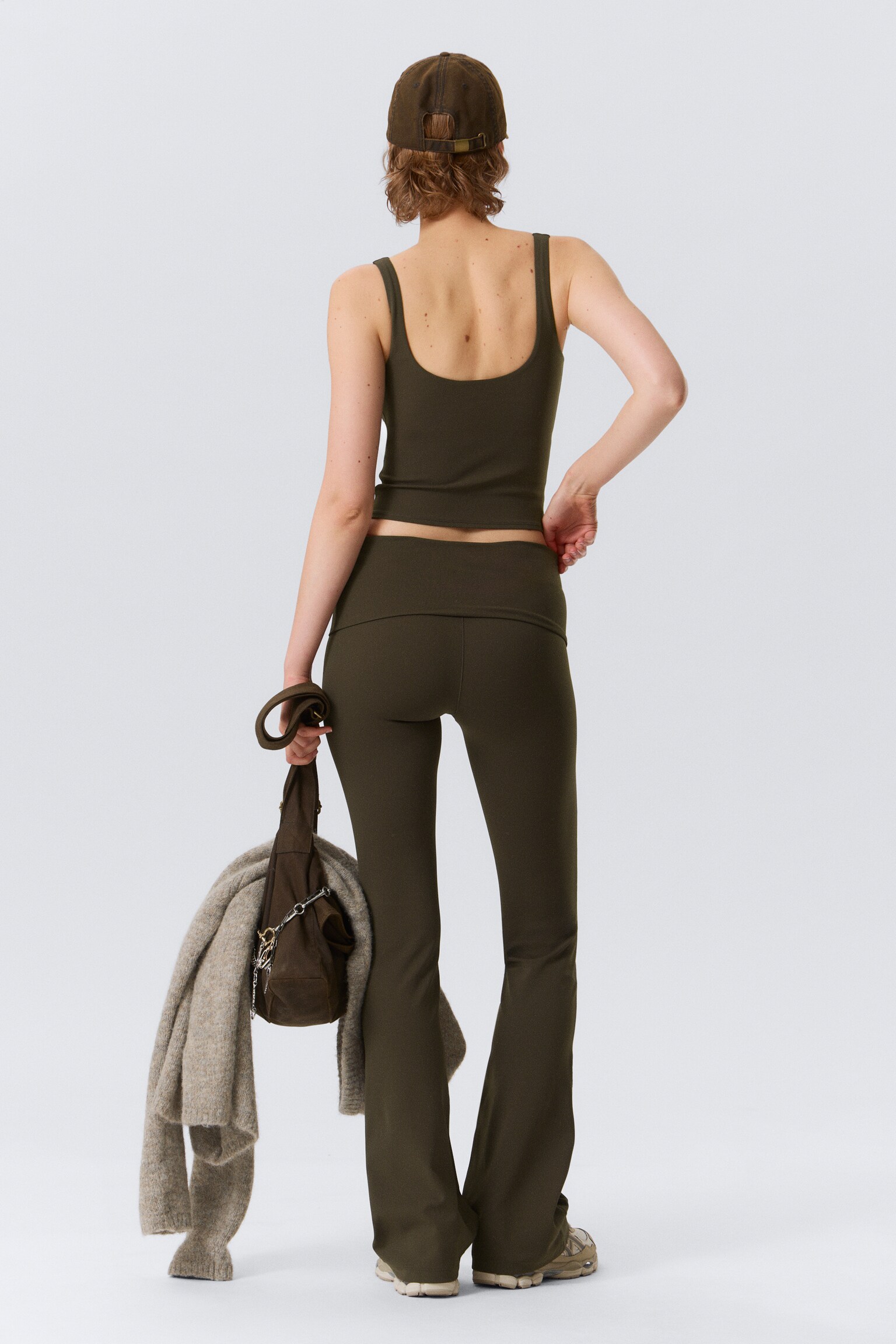 Folded Waist Flared Yoga Tights - Dark Brown/Light Dusty Grey/Black/Dark Grey/White/Dark Brown/Dark Khaki Green - 3