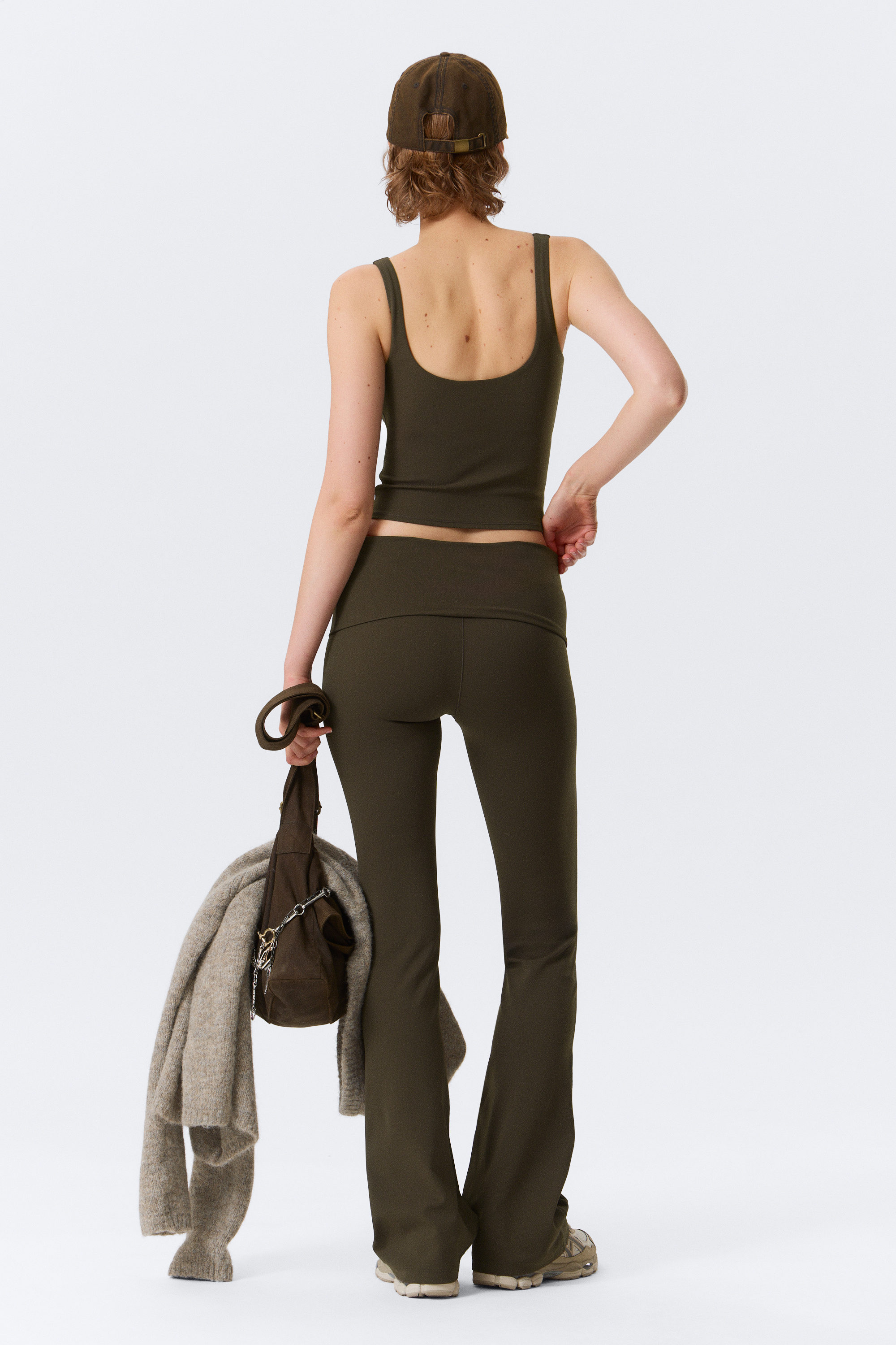 Dark Brown - Folded Waist Flared Yoga Tights - 3