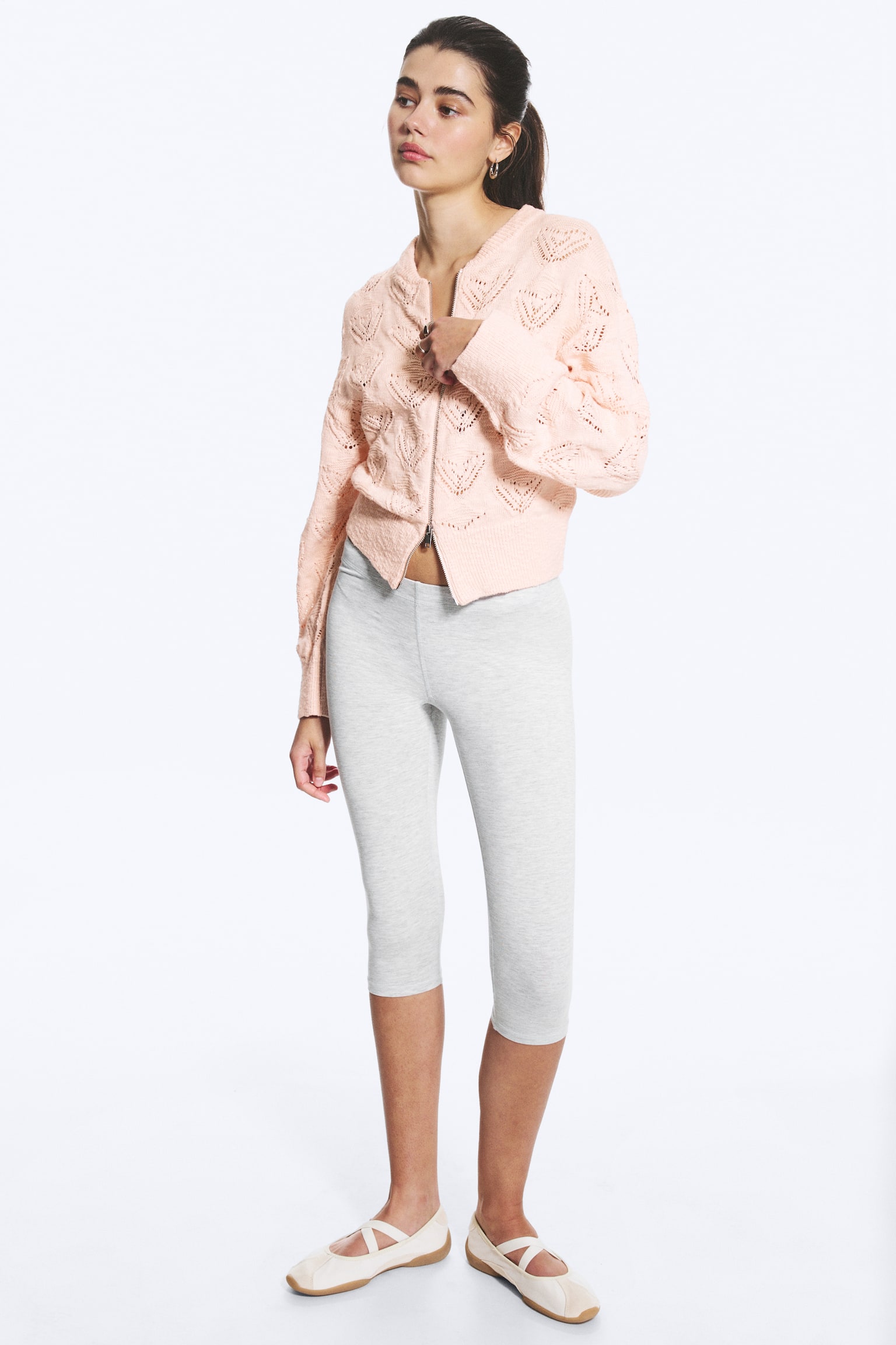 Cardigan in maglia con cerniera - Pesca polvere chiaro/Marrone scuro - 1