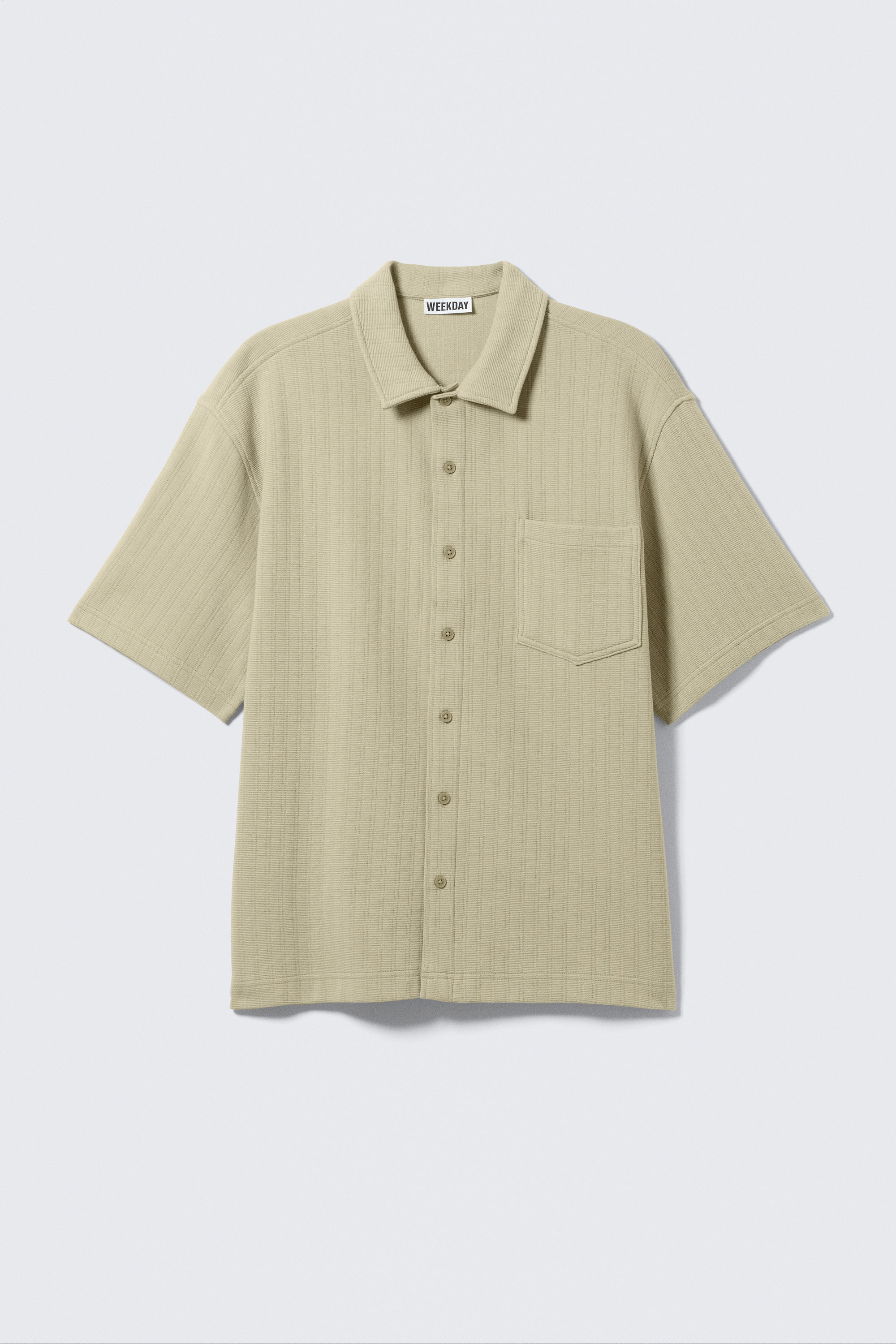 Light Khaki Green - Knitted Short-Sleeved Button-Up Shirt - 1