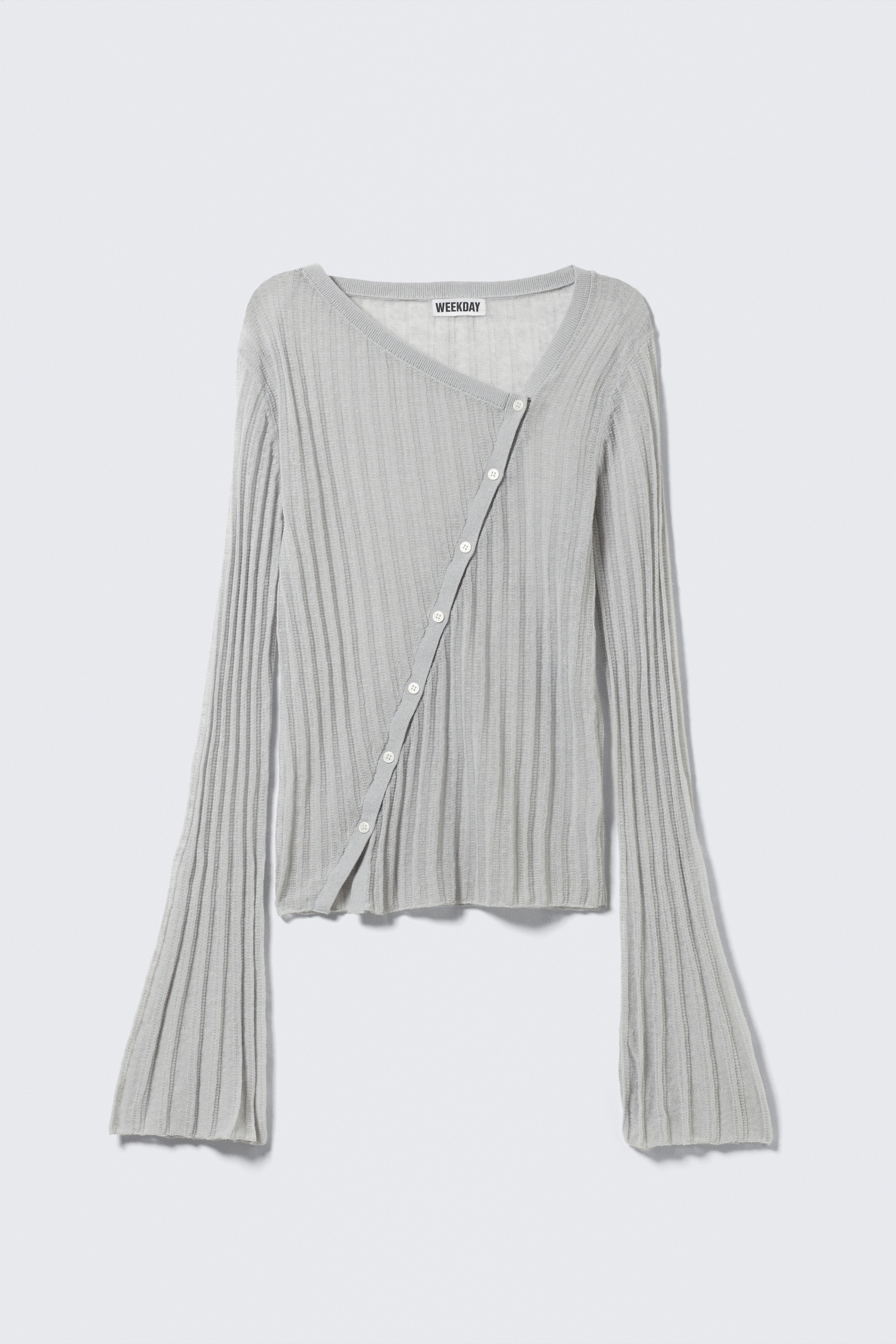 Asymmetric Linen Blend Cardigan - Light Grey/Black - 2