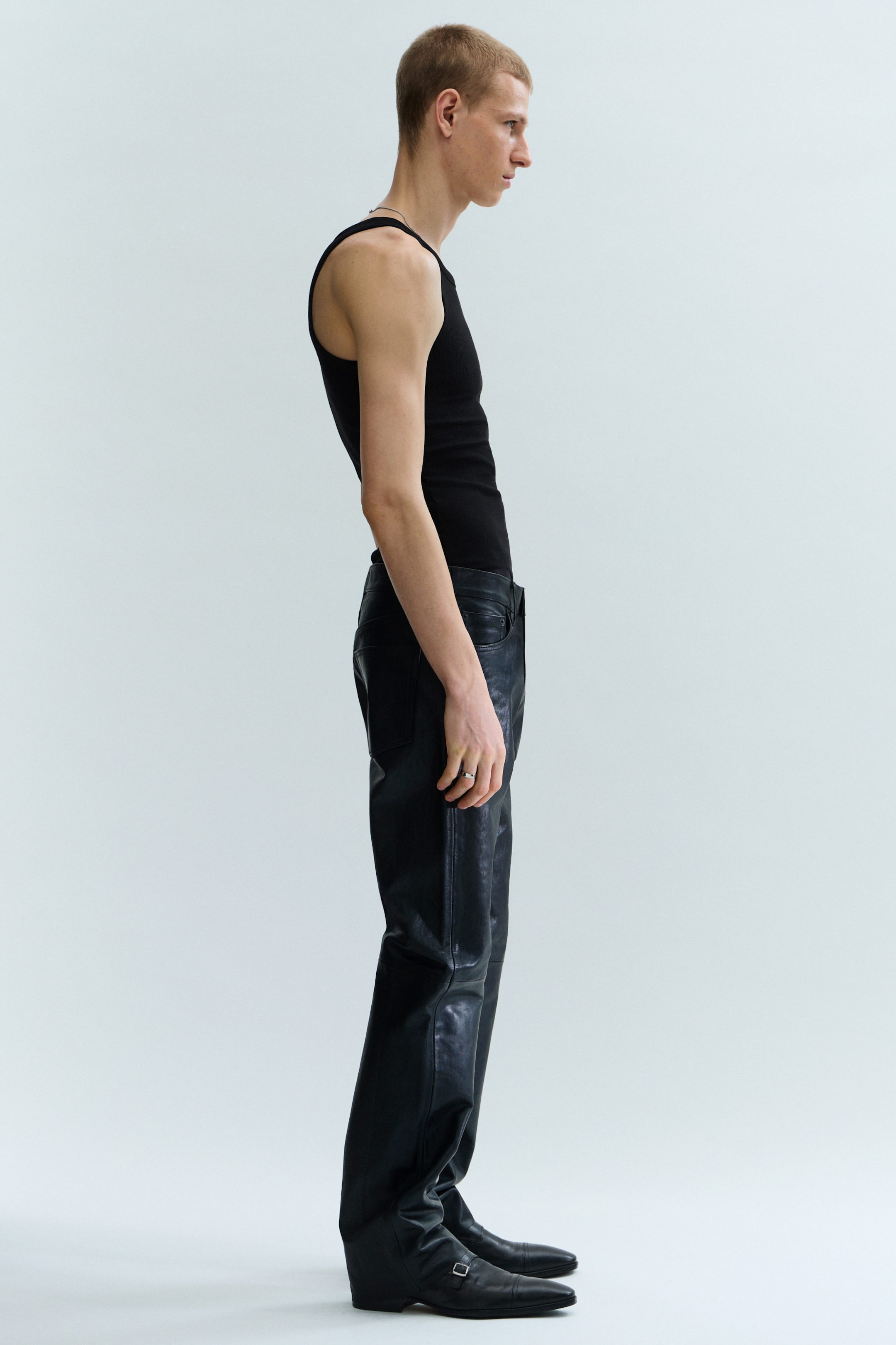 Black - Straight Leg Leather Trousers - 2