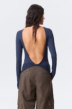 Dark Blue - Open Back Long-Sleeved Top - 0