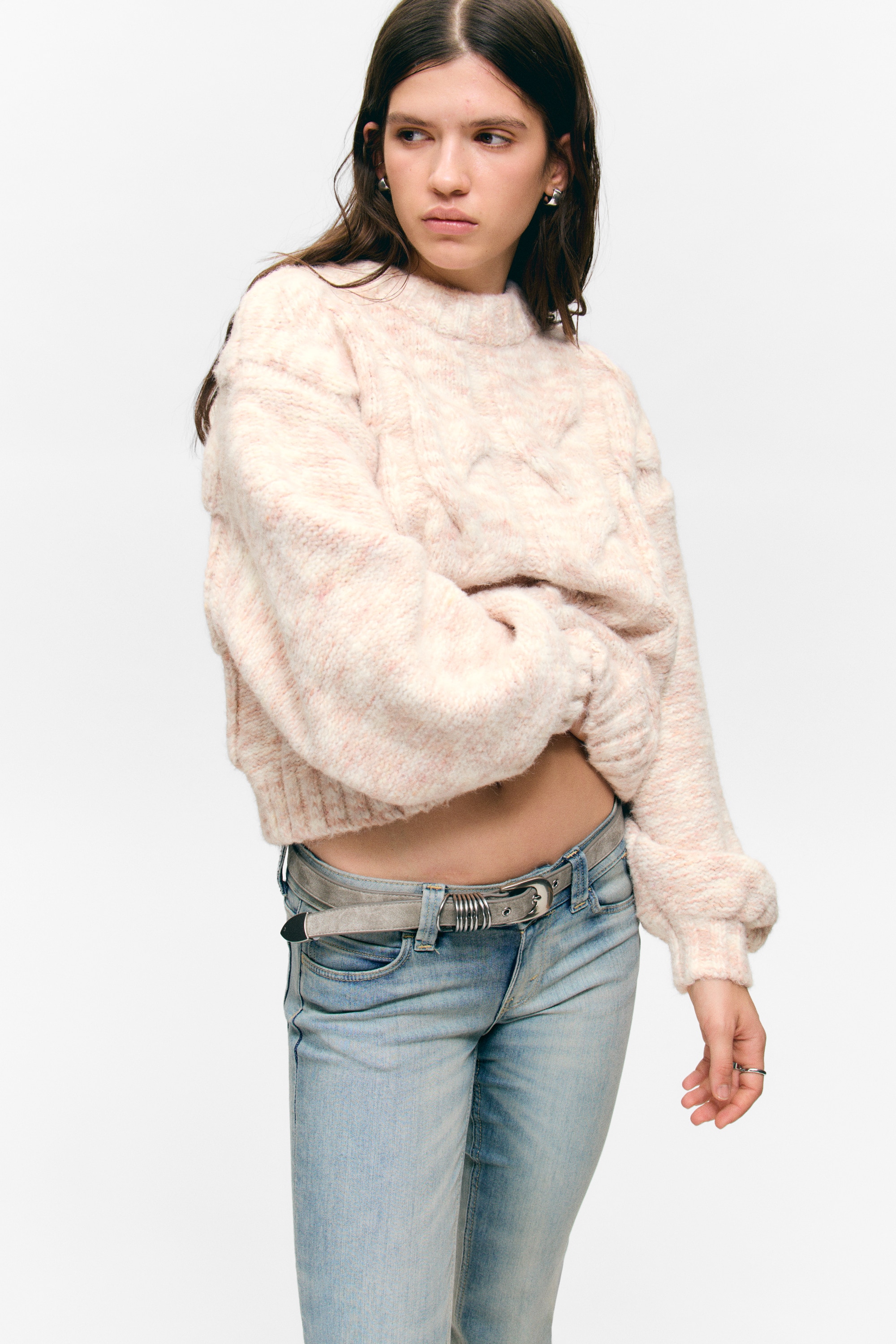 Grob gestrickter Zopfpullover - Hellrosa meliert/Staubgelb meliert