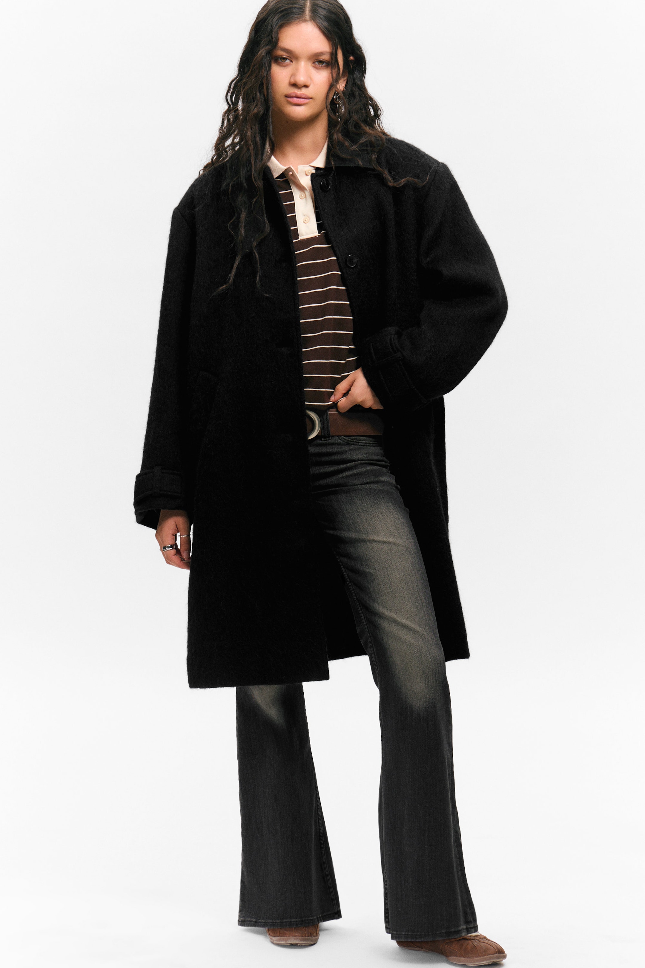 Black - Knee-Length Single-Breasted Coat - 1