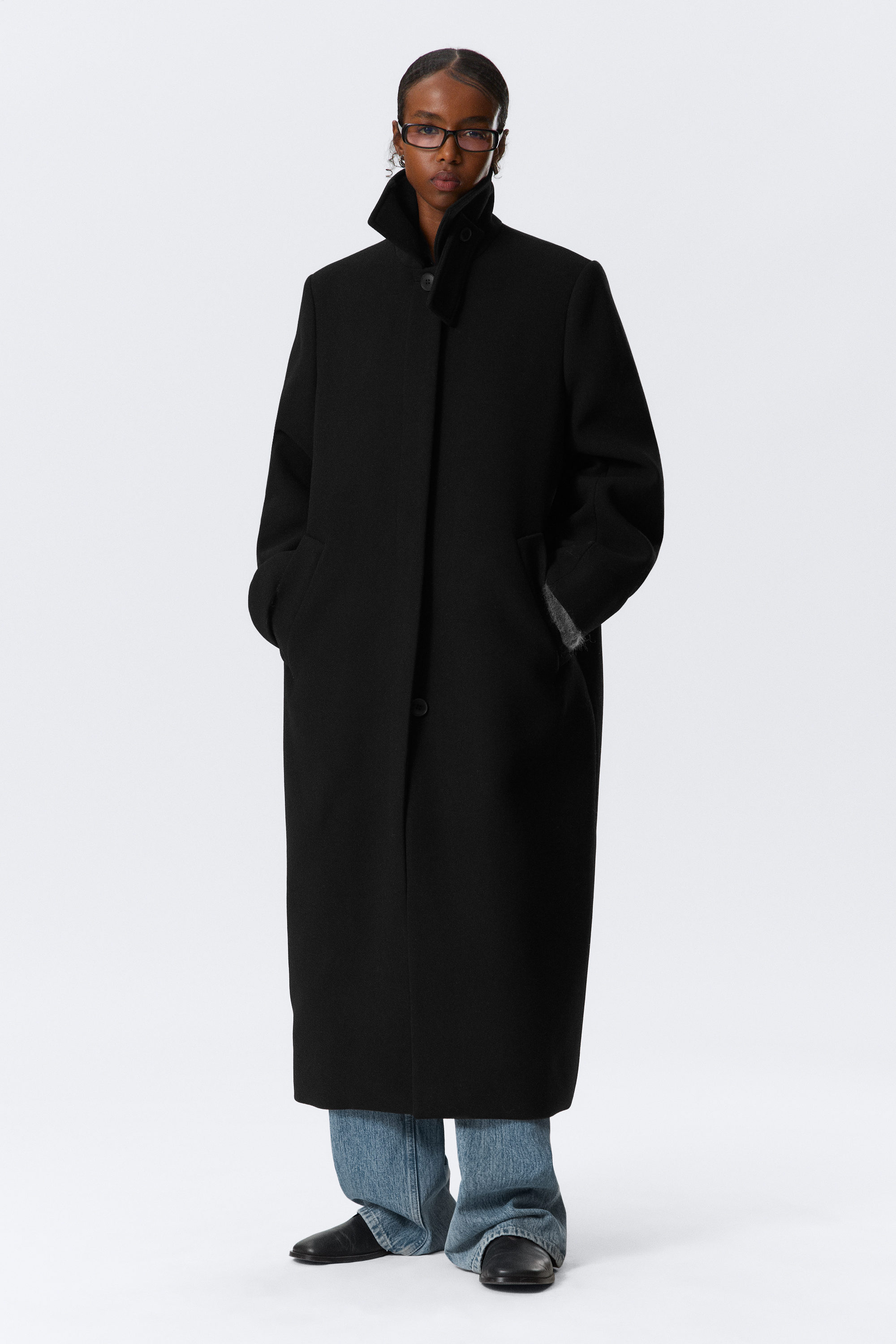 Zwart - Lange oversized jas van een wolmix - 2