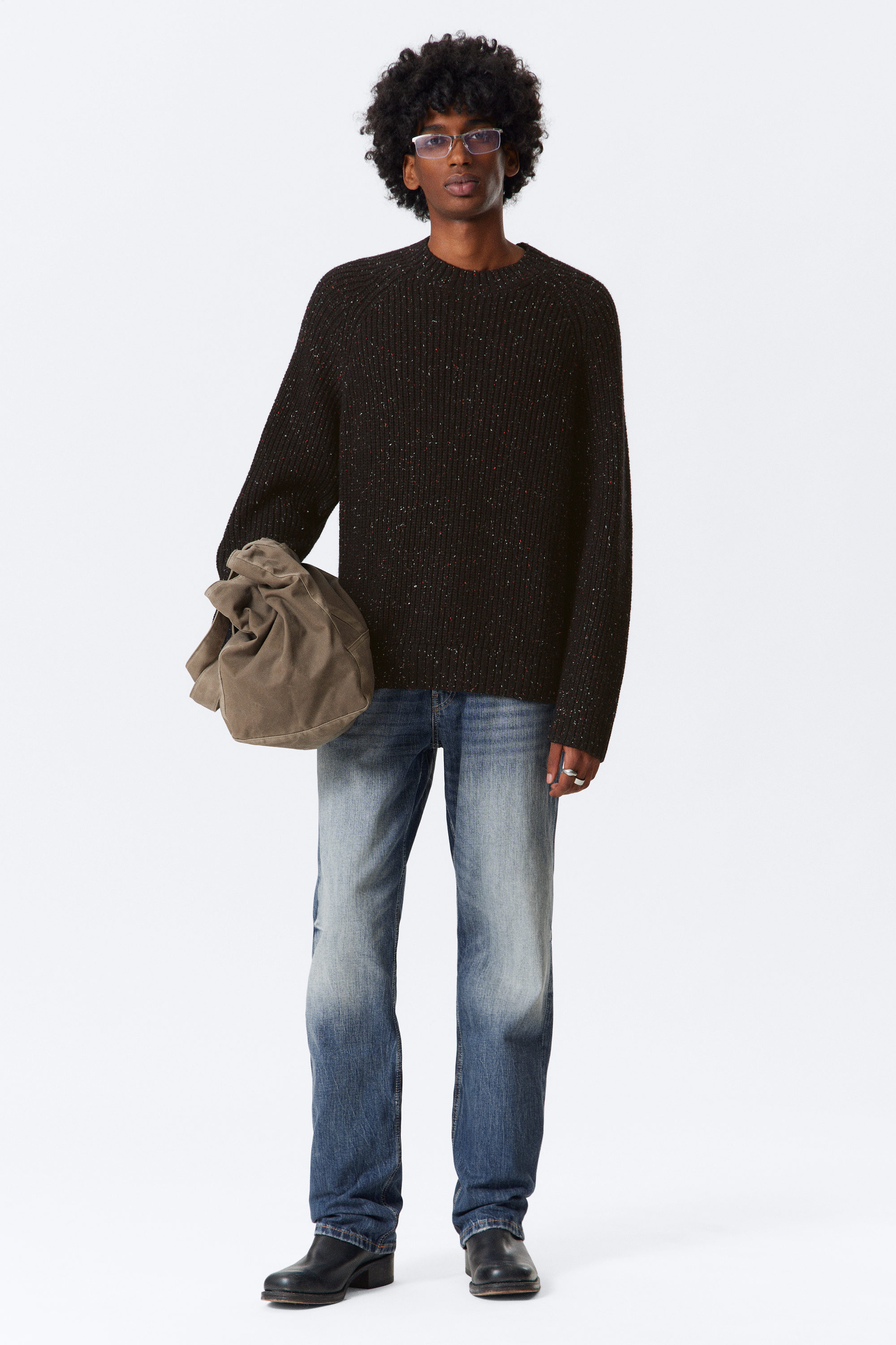 Black - Relaxed Fit Nepped Knit Sweater - 1