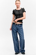 Dark Grey - Frill-Edge Ribbed Knitted Top - 1