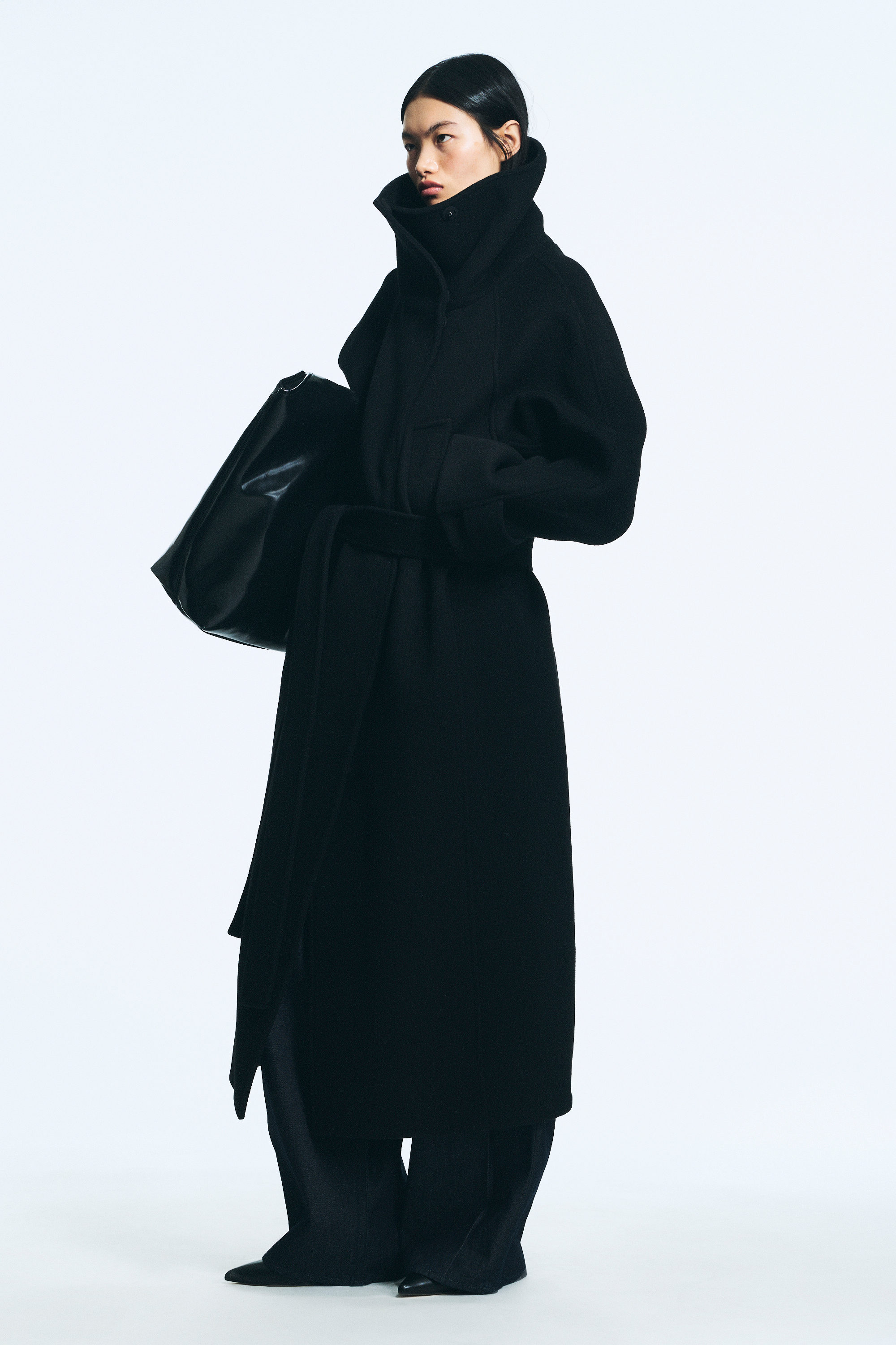 Black - Long Funnel Neck Wool Coat - 1
