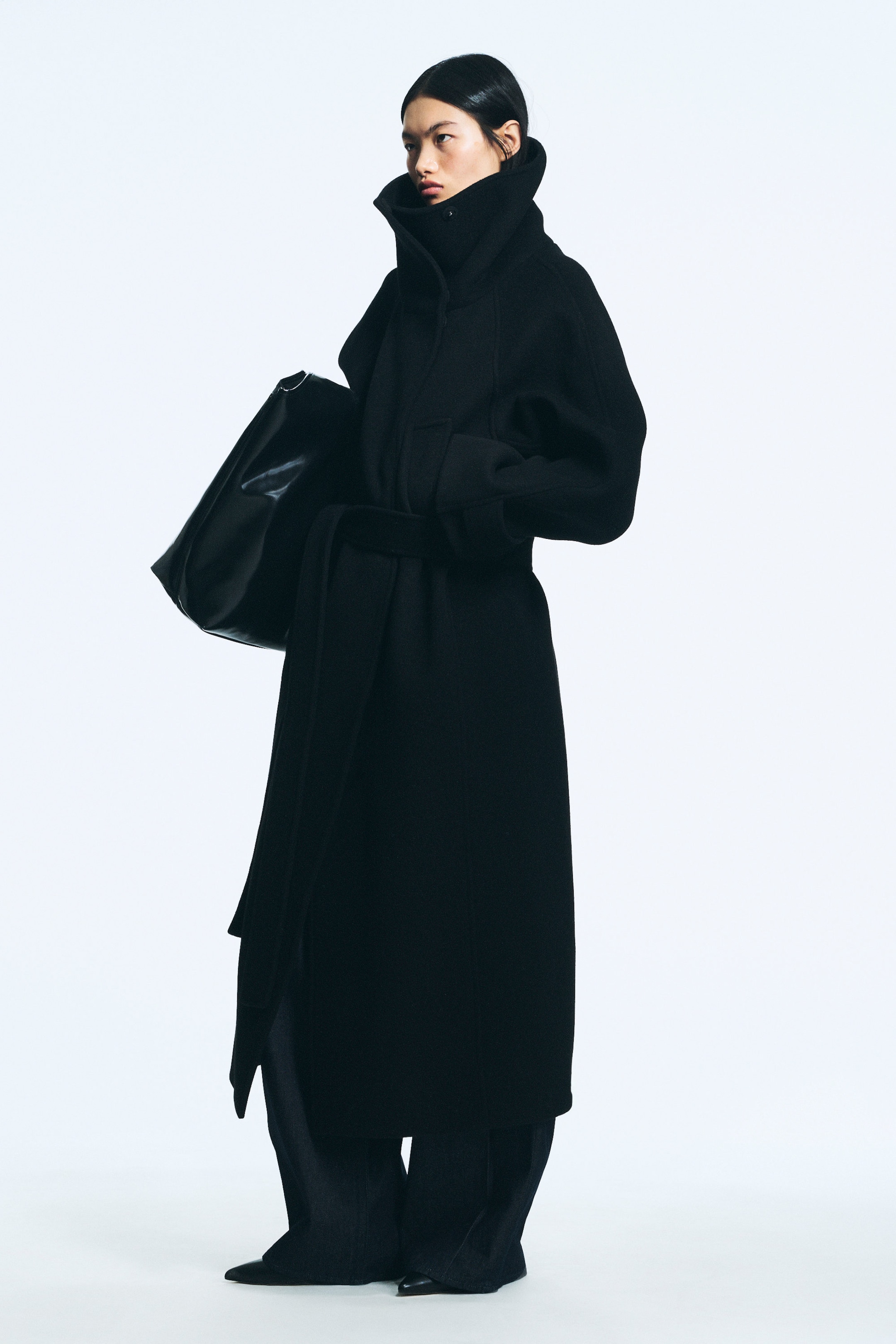 Black - Long Funnel Neck Wool Coat - 1