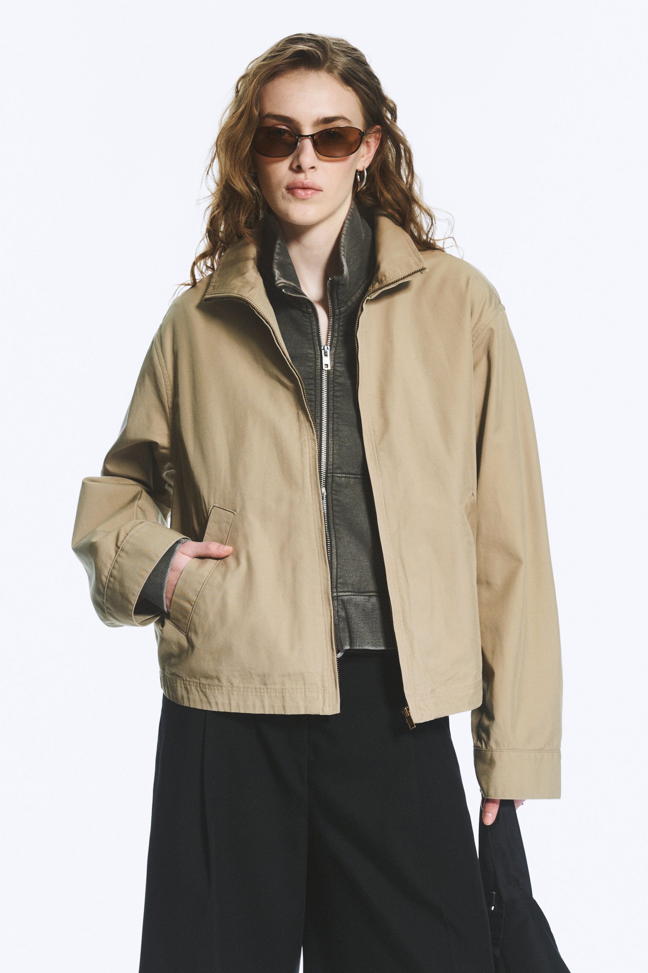 Beige - Veste décontractée en coton à col cheminée - 2