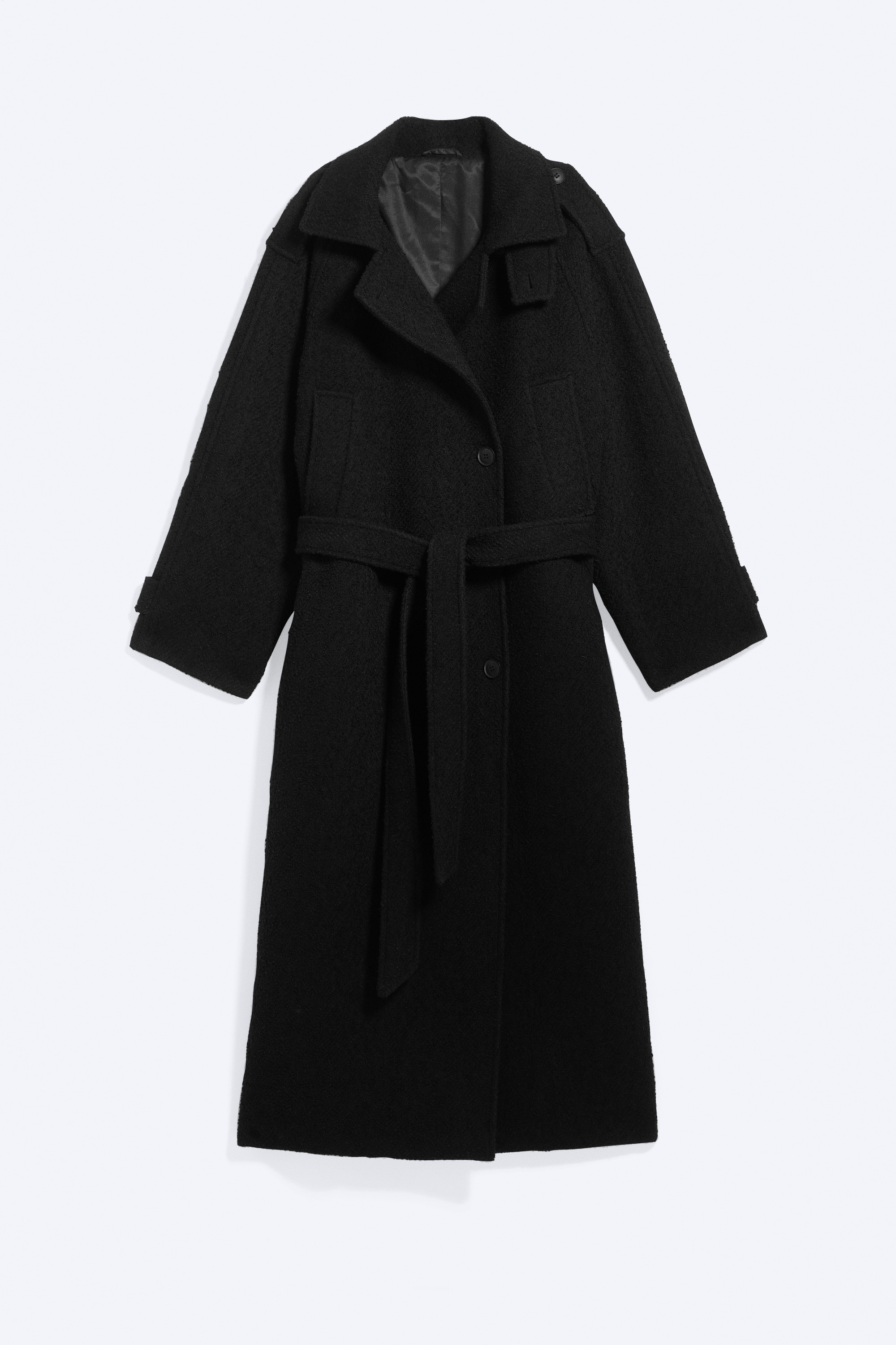 Mantel aus Wollmix mit Gürtel - Schwarz - Fischgrätenmuster/Dark Grey Melange