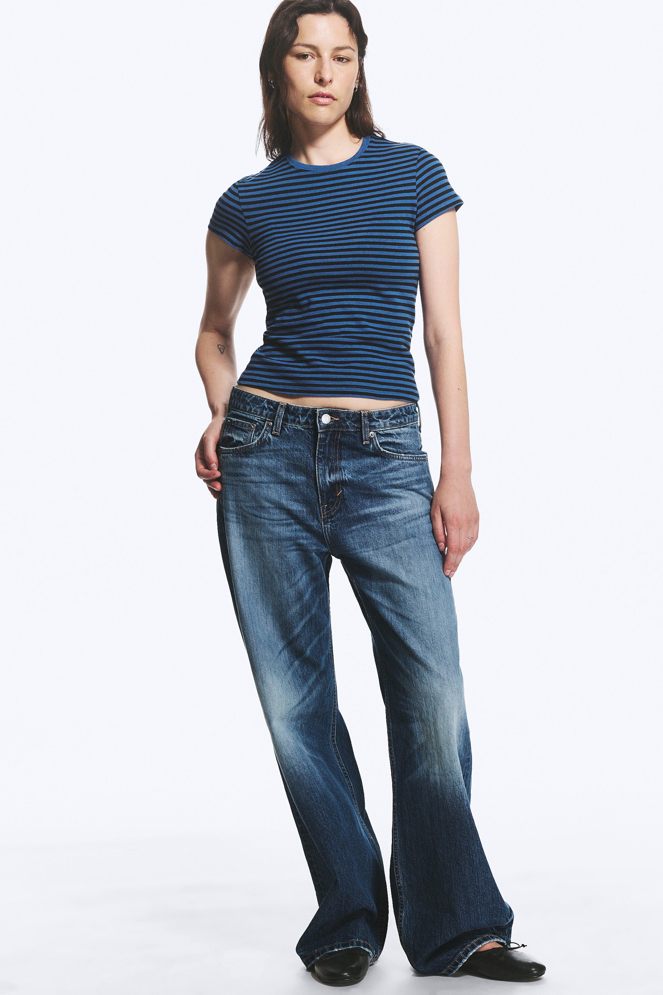 Blue - Black Stripe - Slim Short-Sleeved Cotton T-shirt - 2