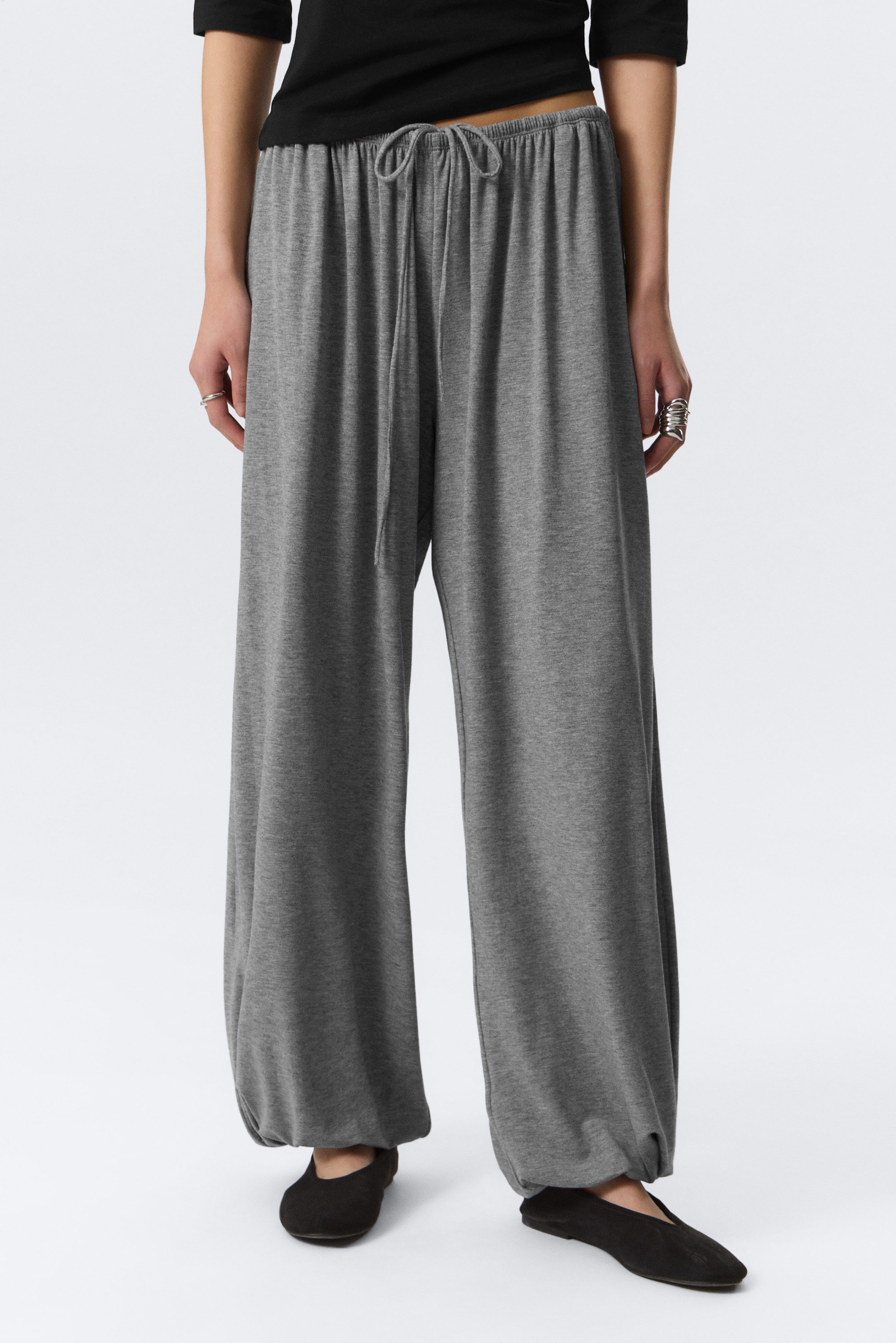 Grey Melange - Soft Mid-Rise Balloon Trousers - 2