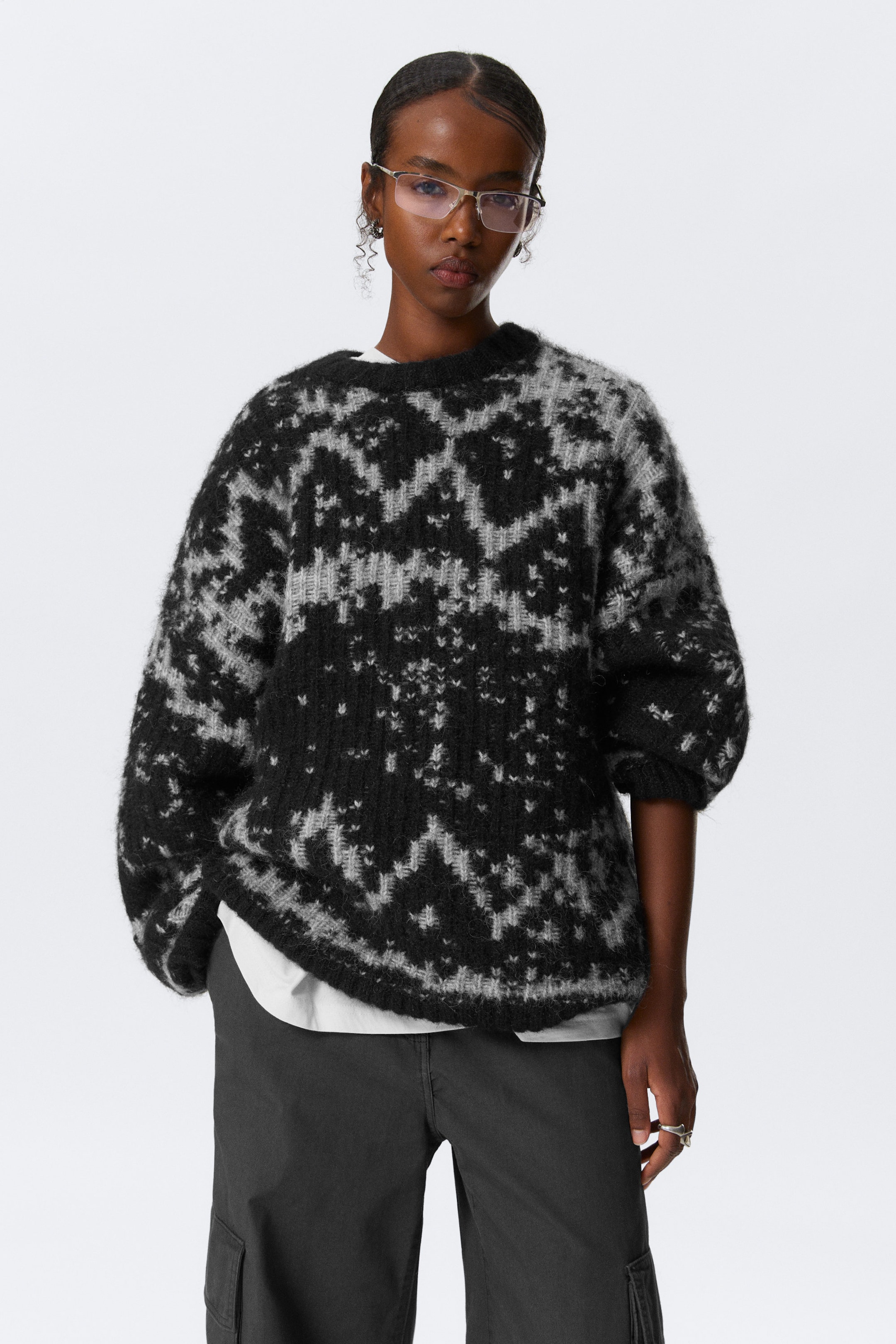 Dusty Black & Grey Haze - Oversized Fair Isle Knit Sweater - 2