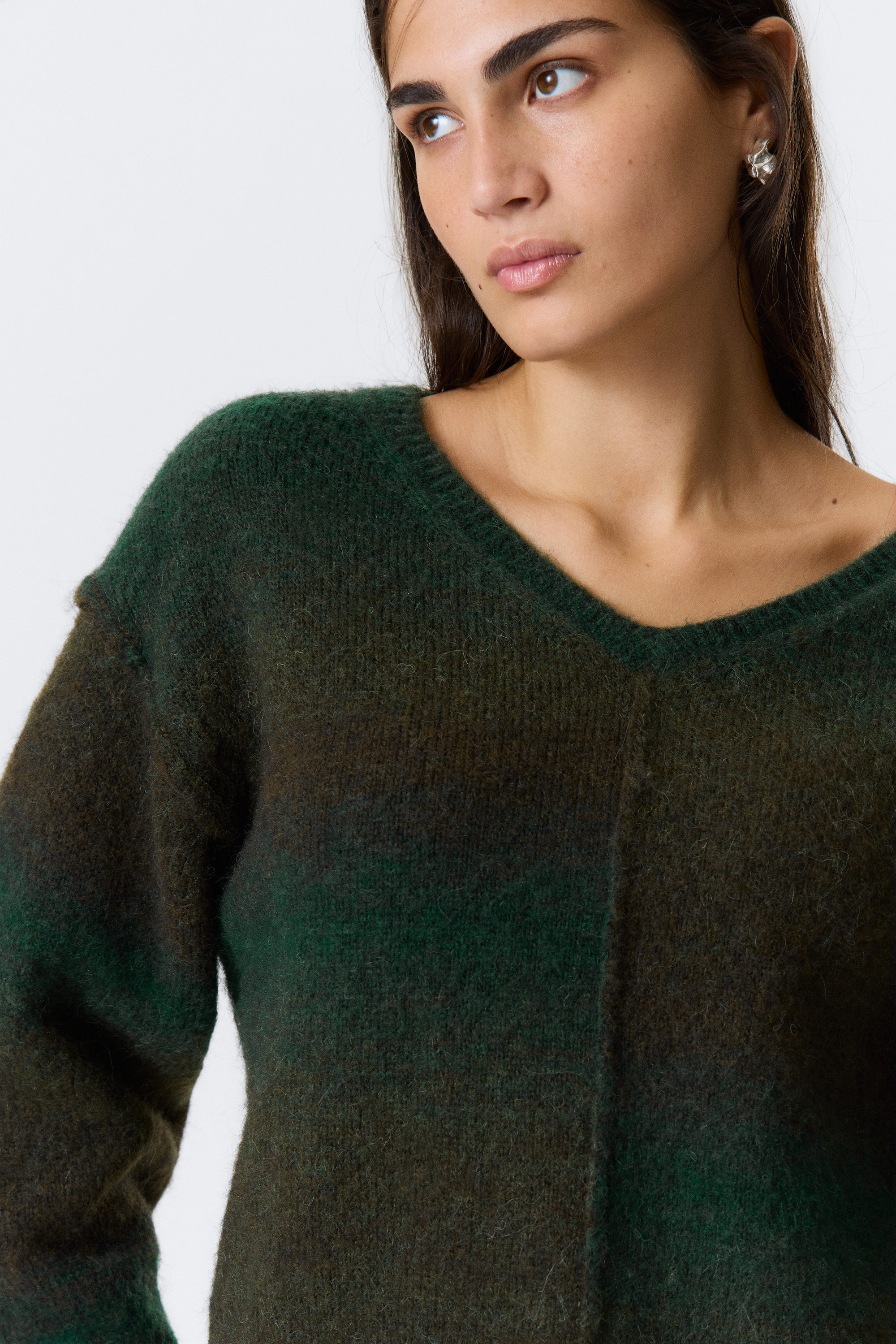 Dark Green - Space Dye - Space Dye V-Neck Knitted Sweater - 4