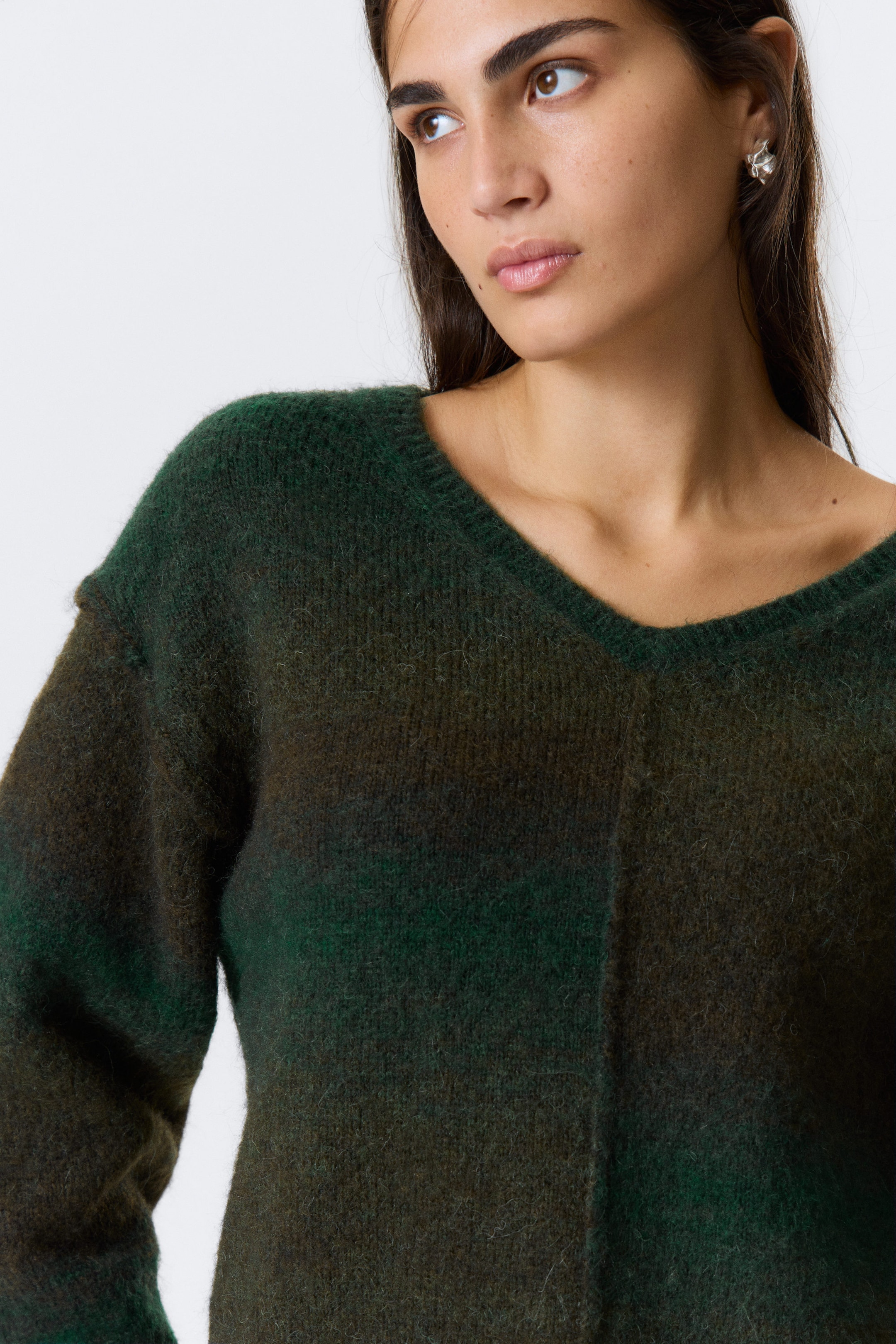 Dark Green - Space Dye - Space Dye V-Neck Knitted Sweater - 2