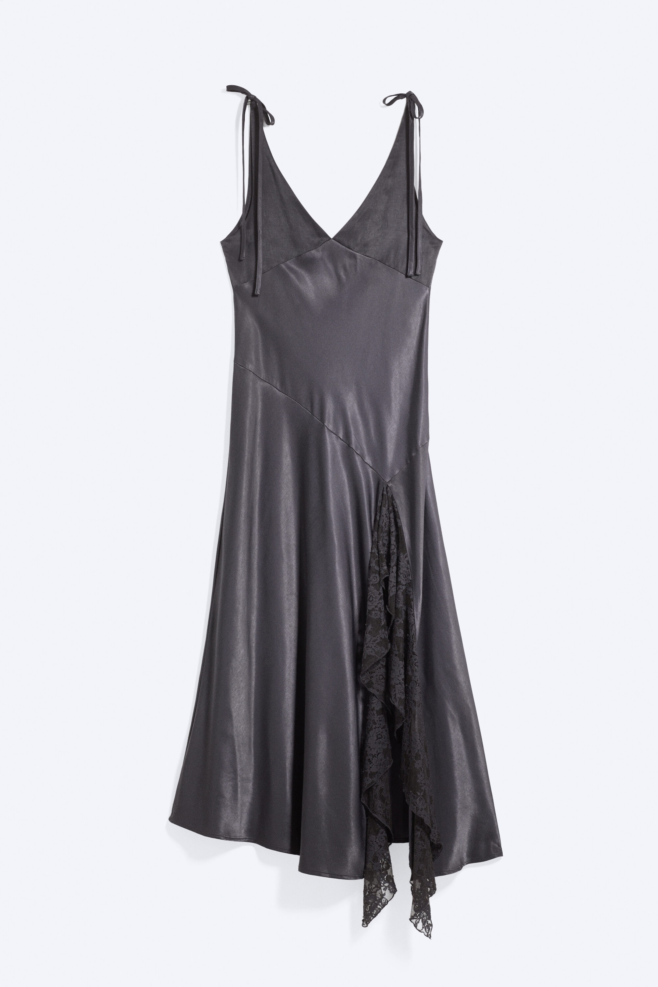Dark Grey - Lace-Insert Satin Maxi Dress - 4