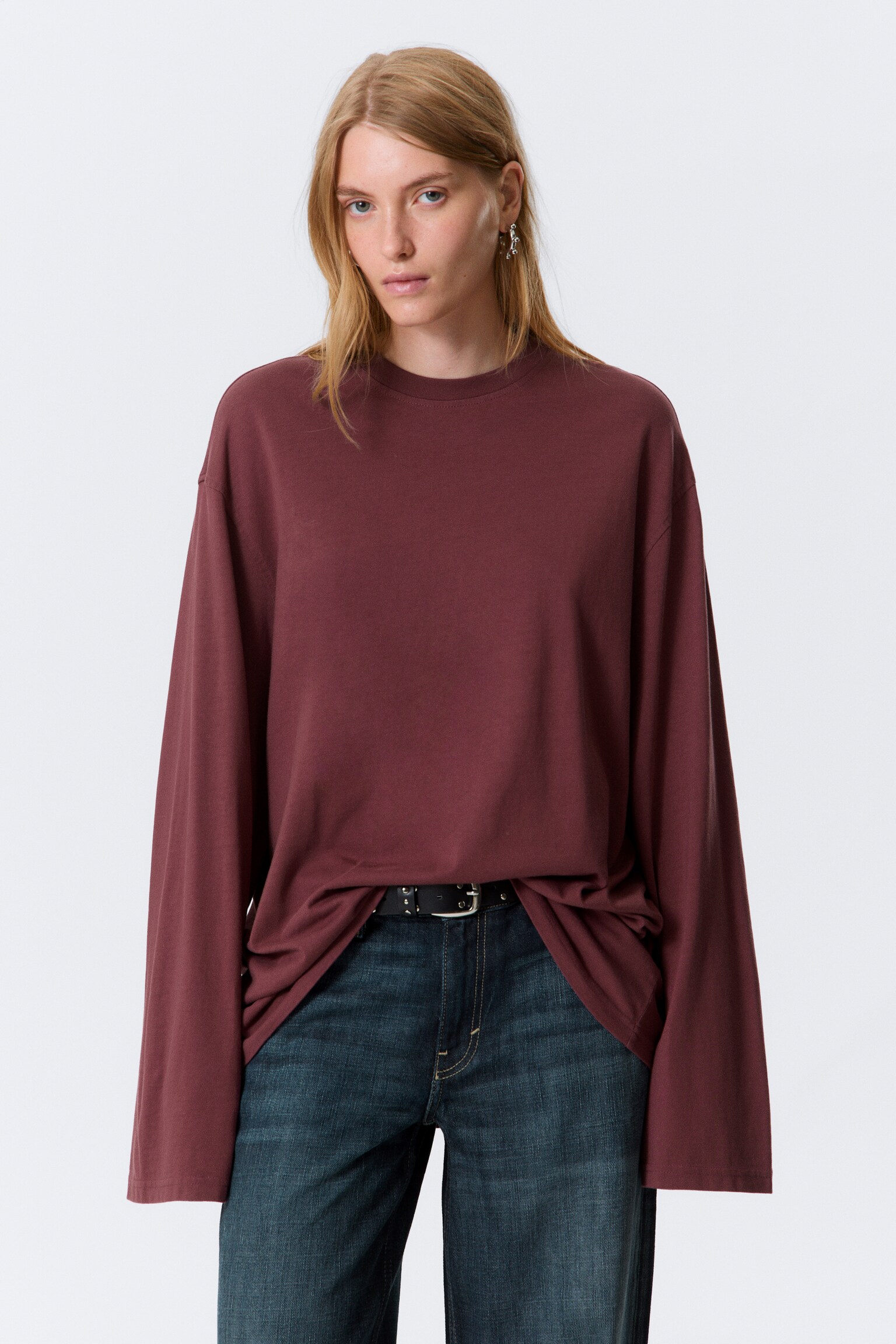 Oversized Long Sleeve T-shirt - Burgundy/White/Black - 3