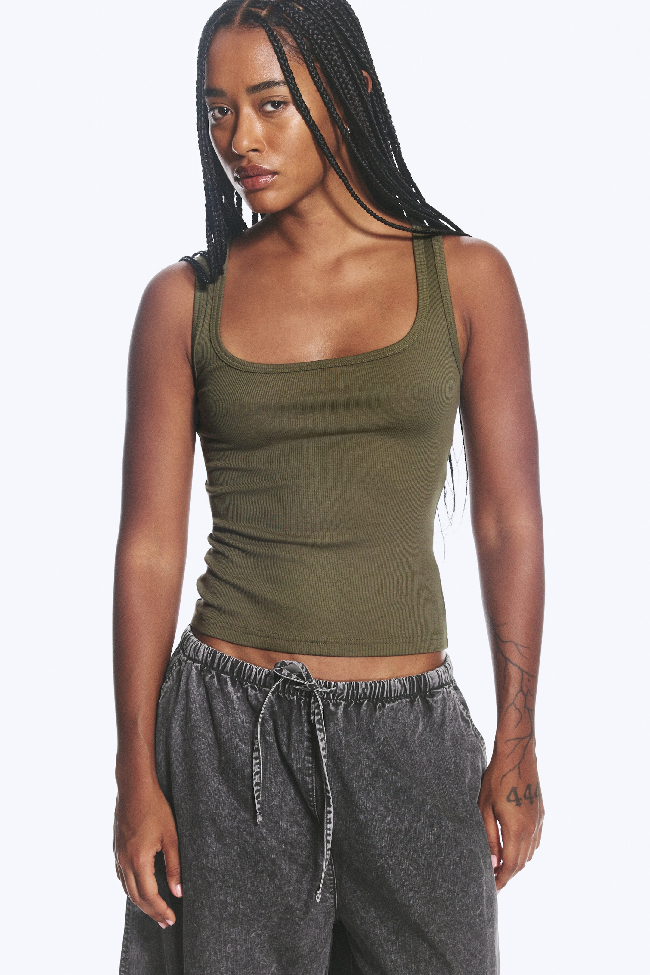 Khaki Green - Slim Square Neck Ribbed Tank Top - 2