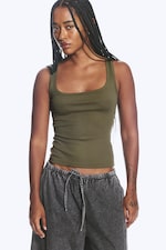 Khaki Green - Slim Square Neck Ribbed Tank Top - 2