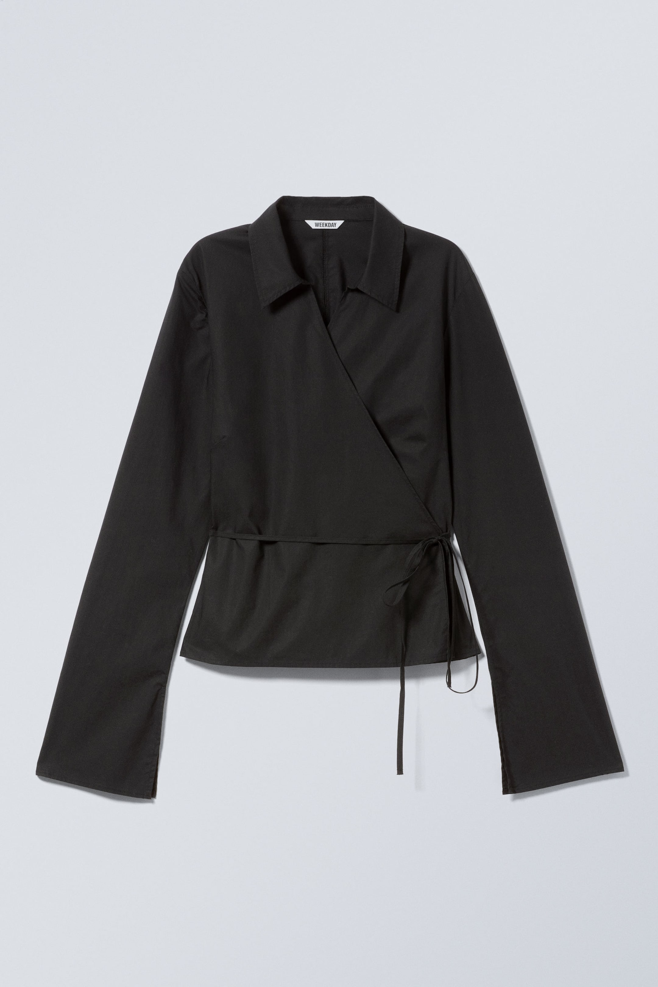 Black - Long-Sleeved Wrap Poplin Shirt - 4