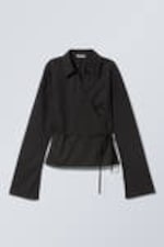 Black - Long-Sleeved Wrap Poplin Shirt - 4