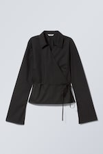 Black - Long-Sleeved Wrap Poplin Shirt - 0