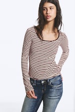 Pink & Burgundy Stripes - Long-Sleeved Slim Fit Scoop Neck Top - 0