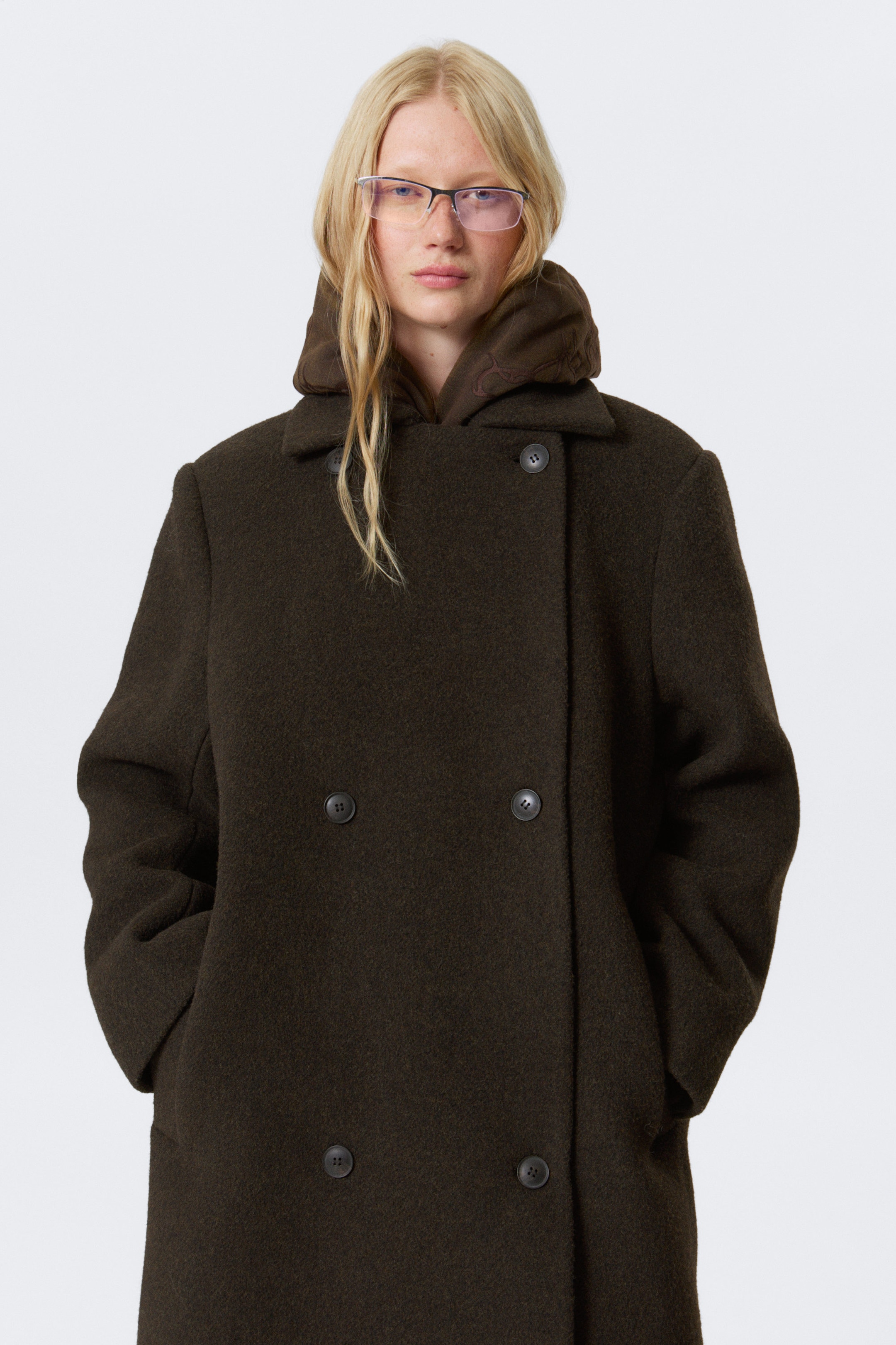 Dark Brown Melange - Oversized Double-Breasted Wool Blend Coat - 2