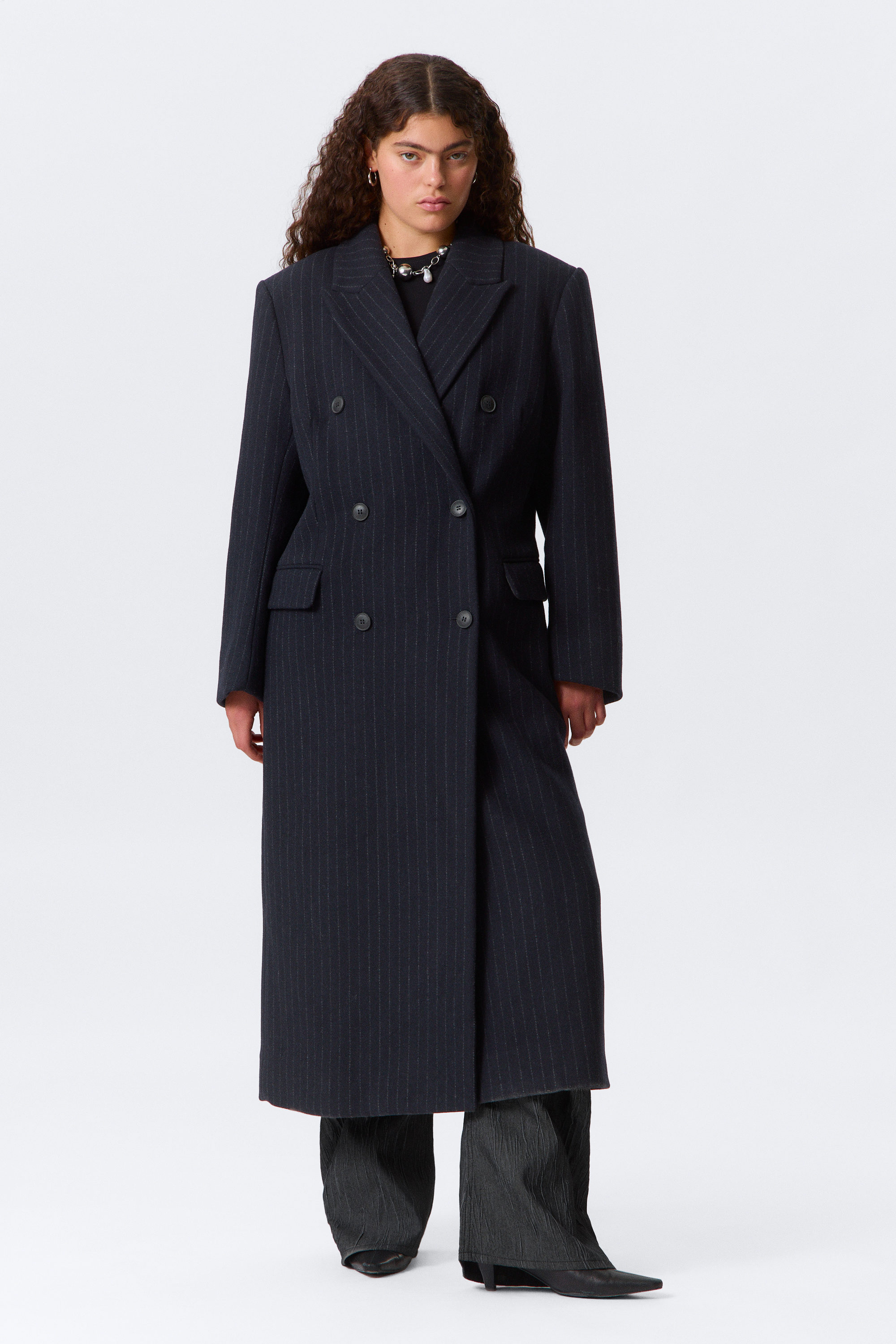 Dark Blue - Pinstripe - Oversized Double-Breasted Wool-Blend Coat - 1