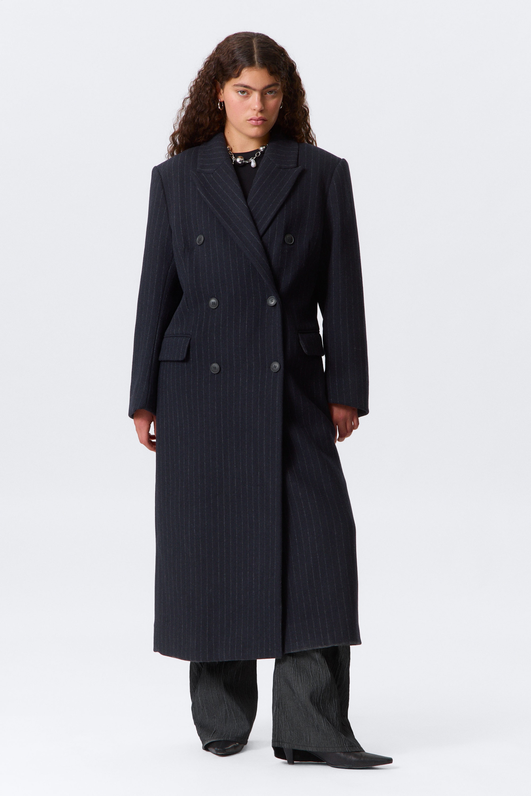 Dark Blue - Pinstripe - Logan Double-Breasted Wool-Blend Coat - 3
