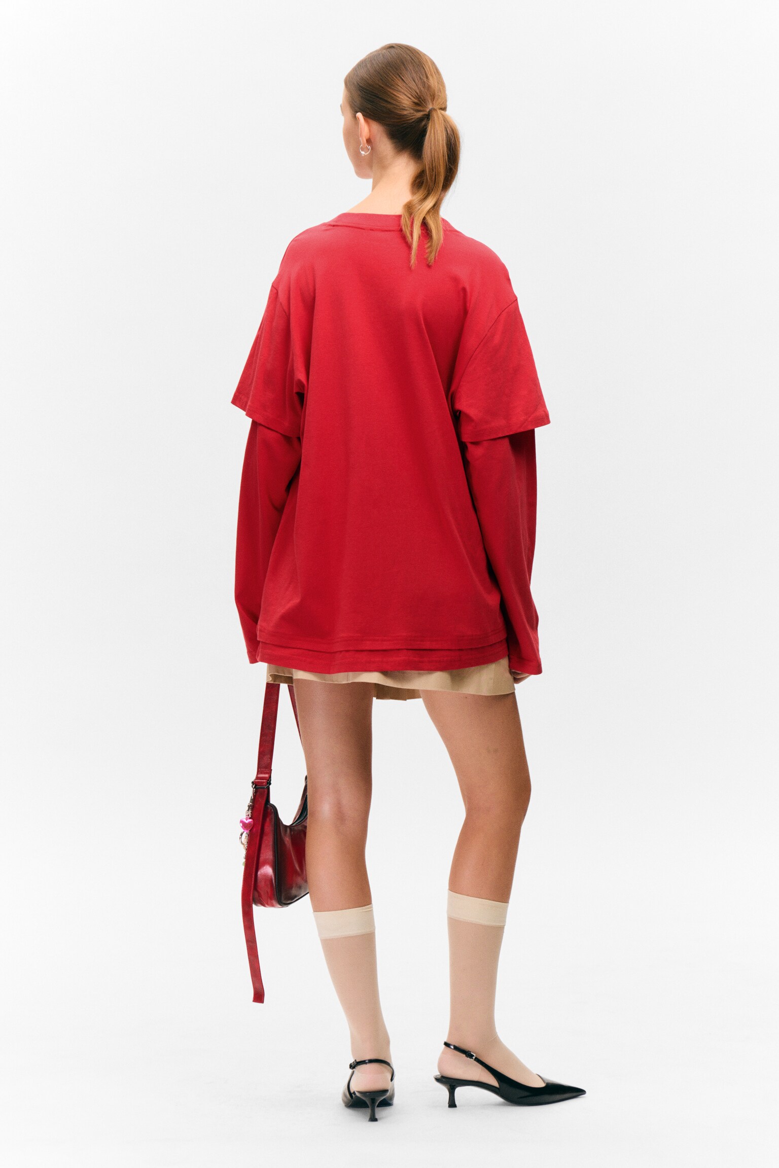 Layered Long-Sleeved Cotton T-shirt - Bright Red - 5