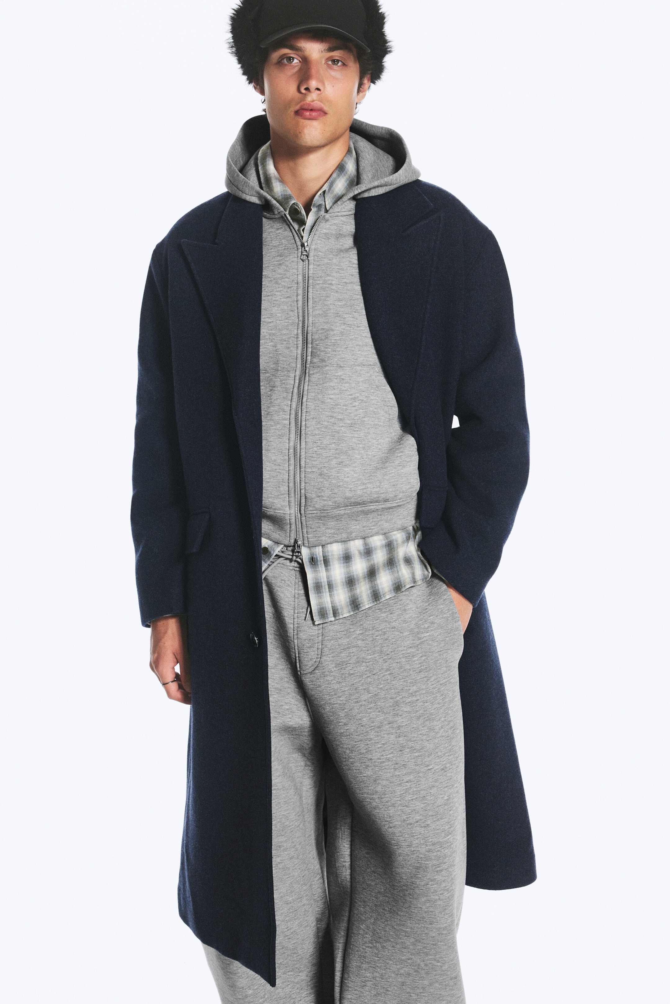 Dark Blue Melange - Oversized Single-Breasted Wool Blend Coat - 2