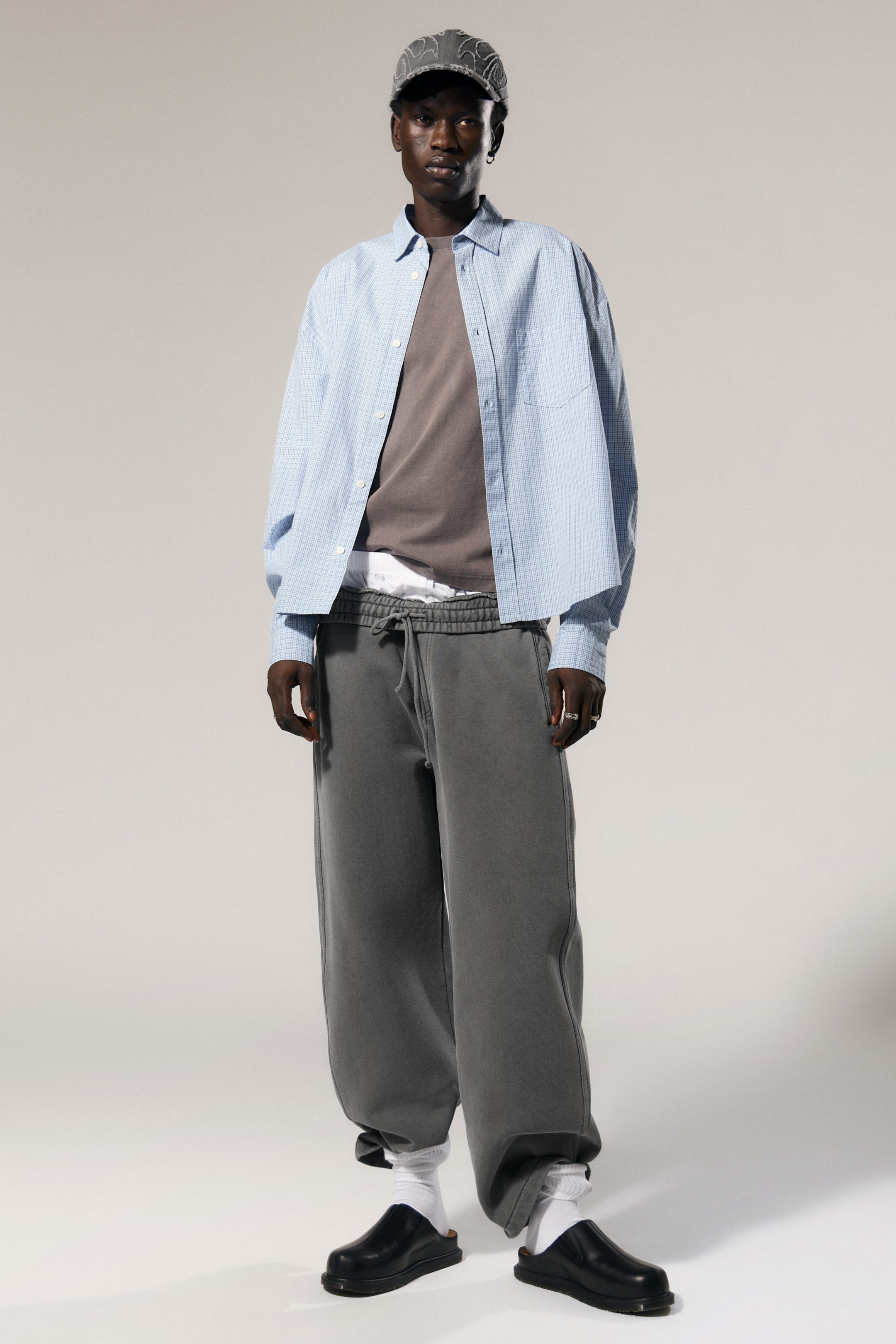 Checked Blue - Boxy Long-Sleeved Cotton Poplin Shirt - 4