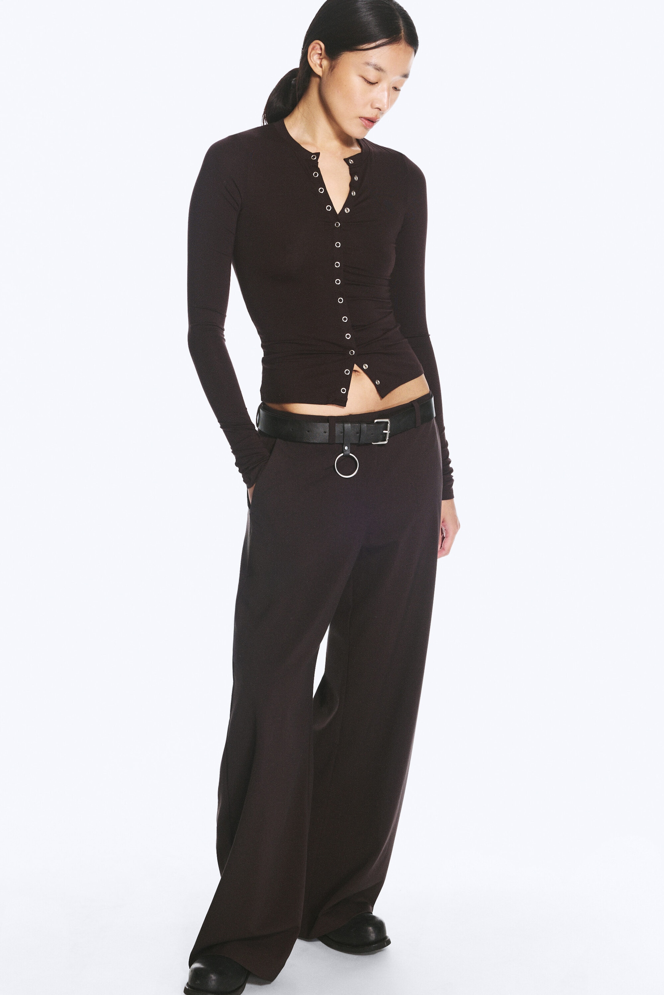 Dark Brown - Slim Long-Sleeved Buttoned Cardigan - 2