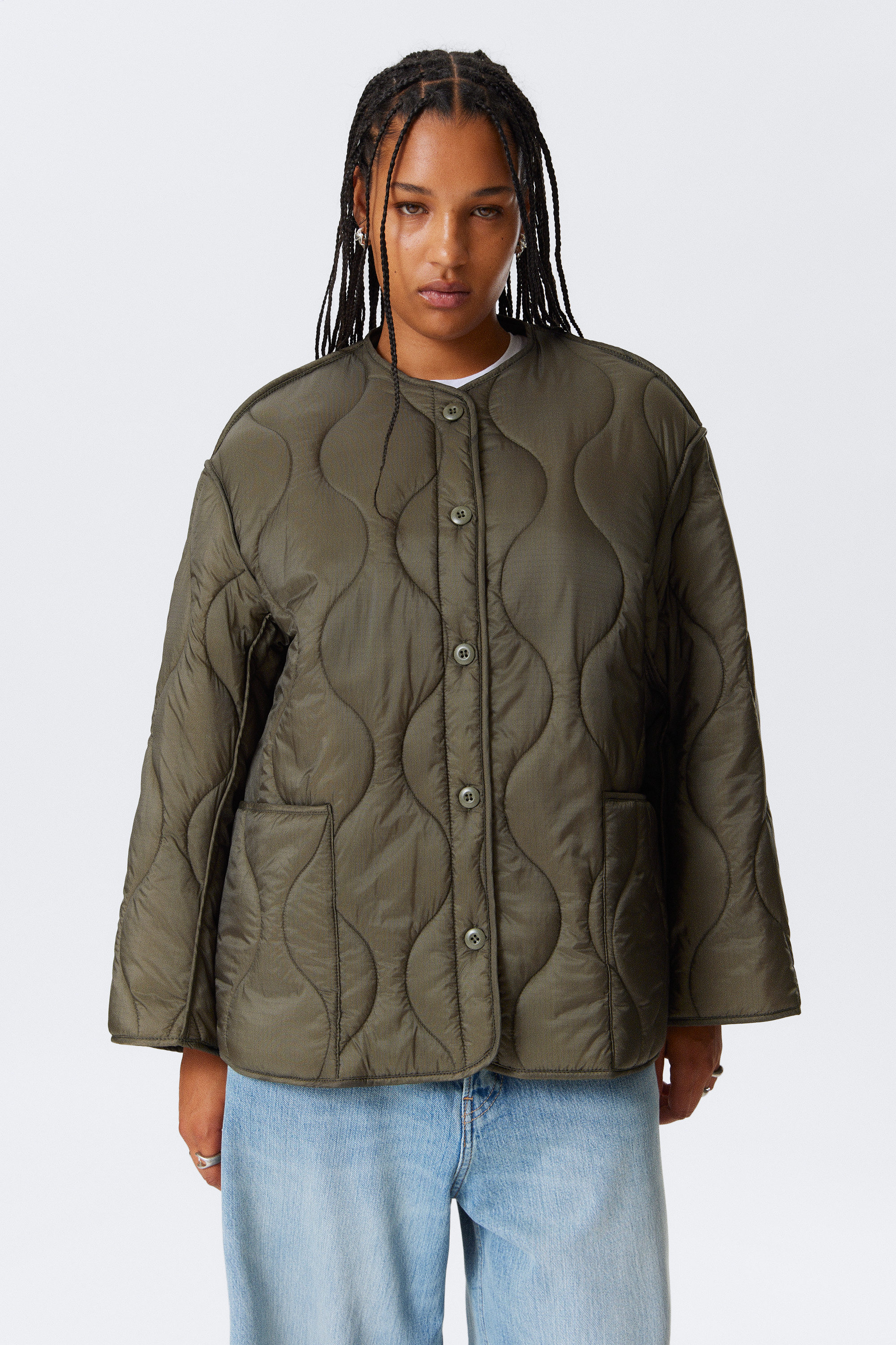 Dark Khaki Green - Oversized Quilted Liner Jacket - 2