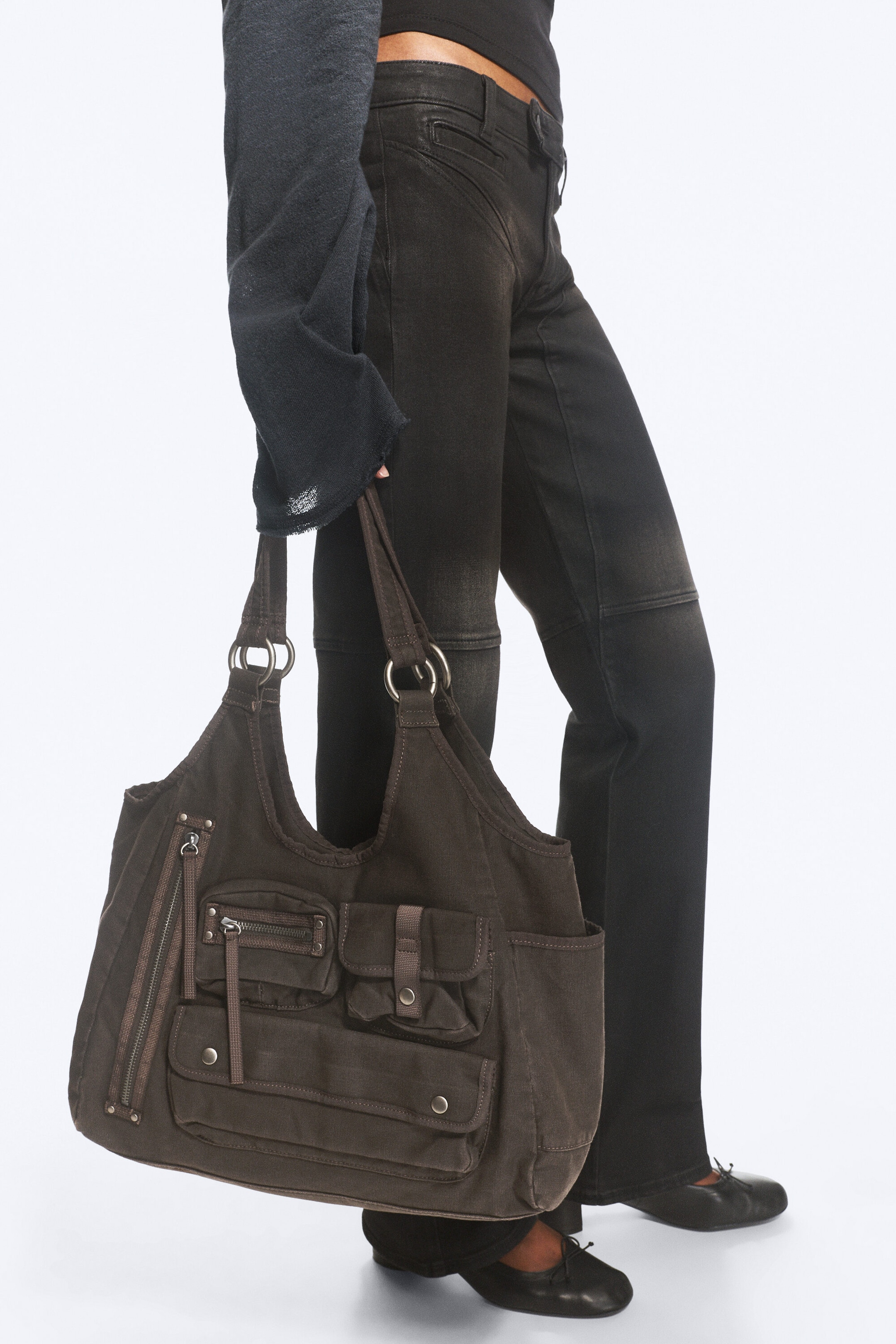 Ausgewaschenes Dunkelbraun - Große Handtasche aus Canvas - 2