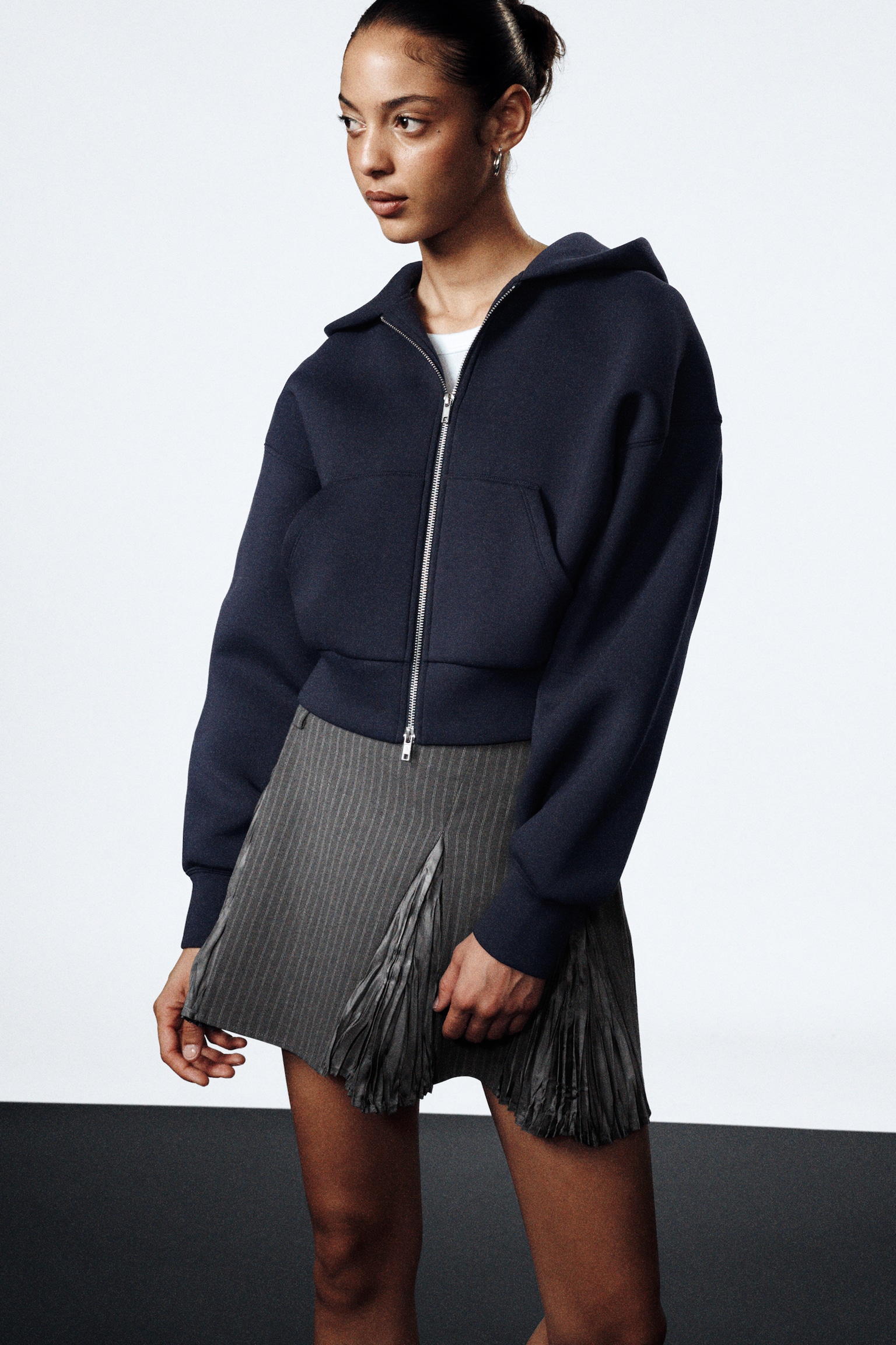 Loose Fit Scuba Zip Hoodie - Dark Blue/Grey Melange - 3