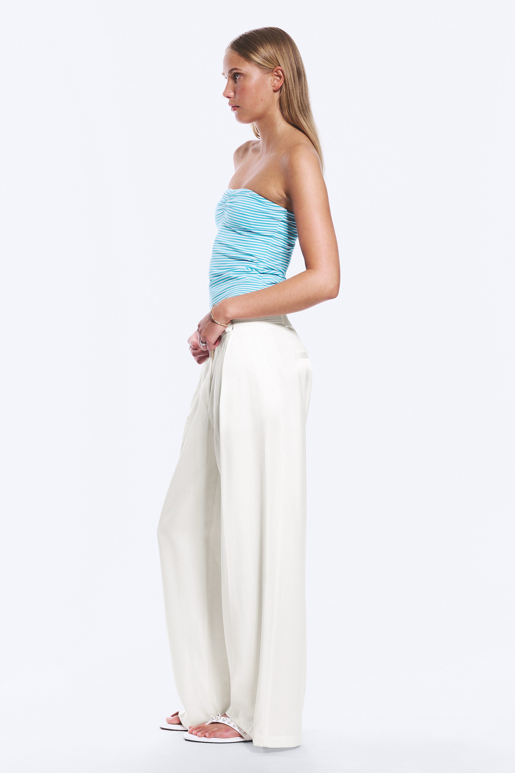 White - High Waisted Wide Leg Satin Trousers - 2