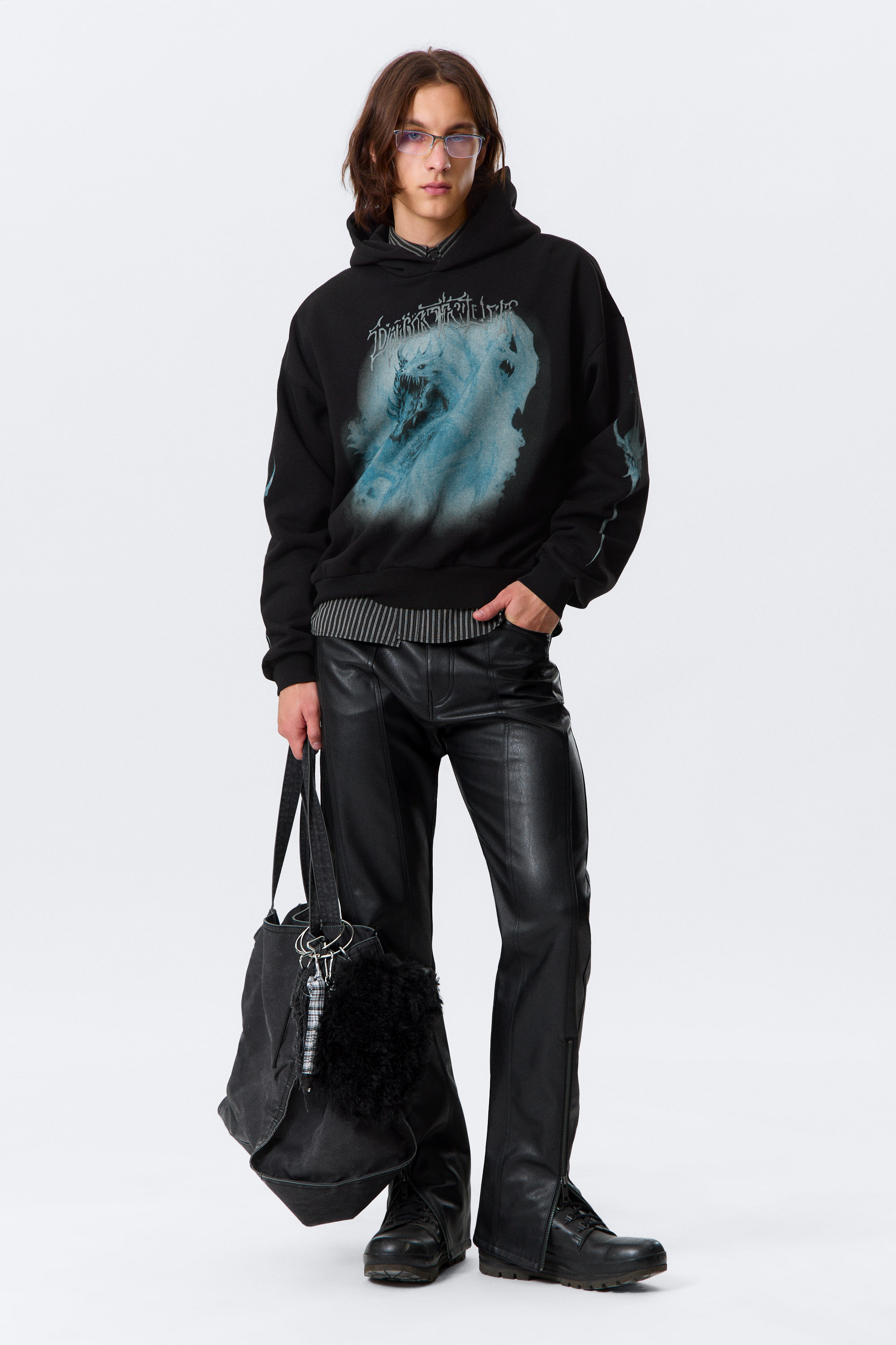 Schwarz - Drache - Quadratischer Graphic-Hoodie mit lockerer Passform - 2