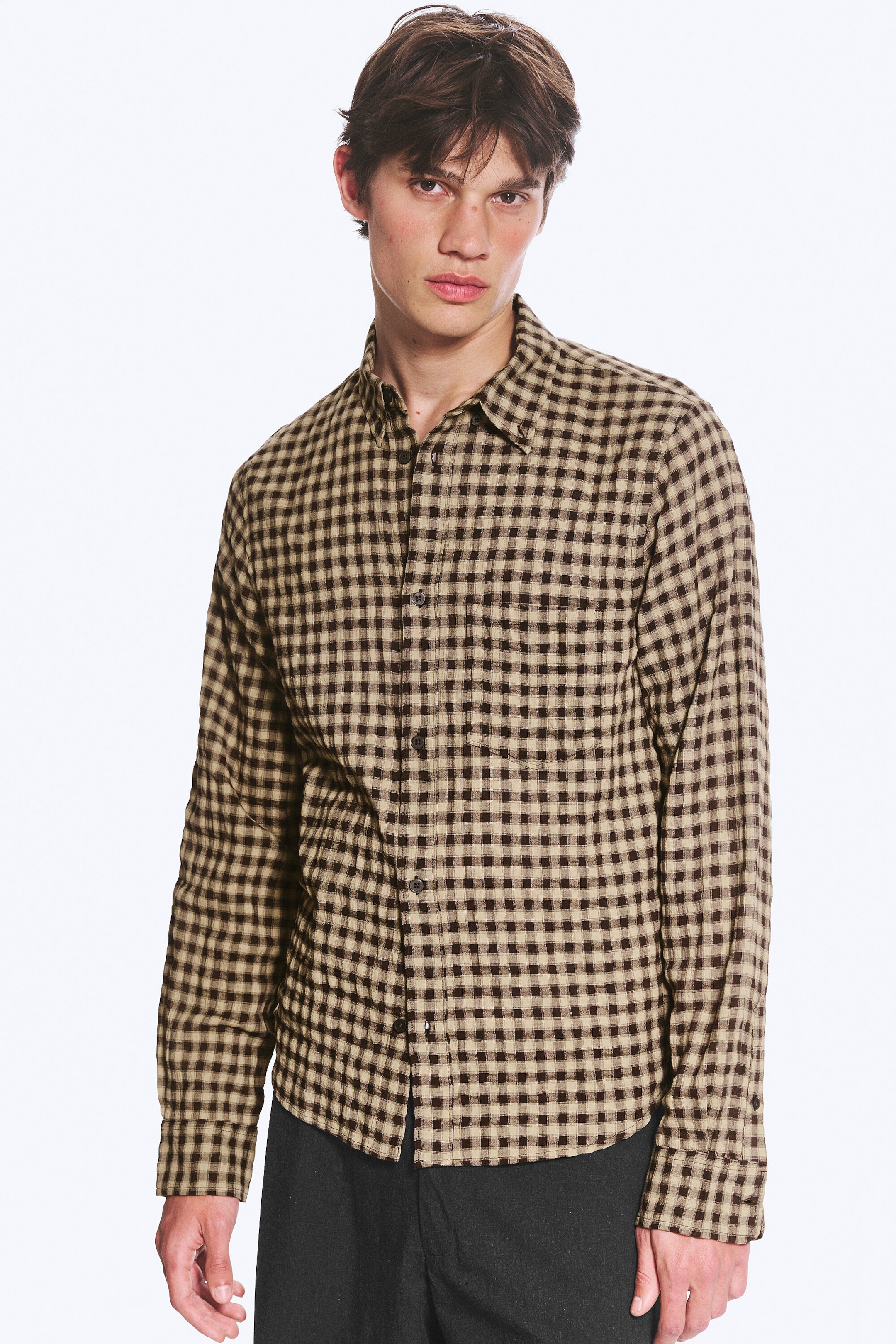 Checked Brown - Structured Long-Sleeved Buttoned Shirt - 1
