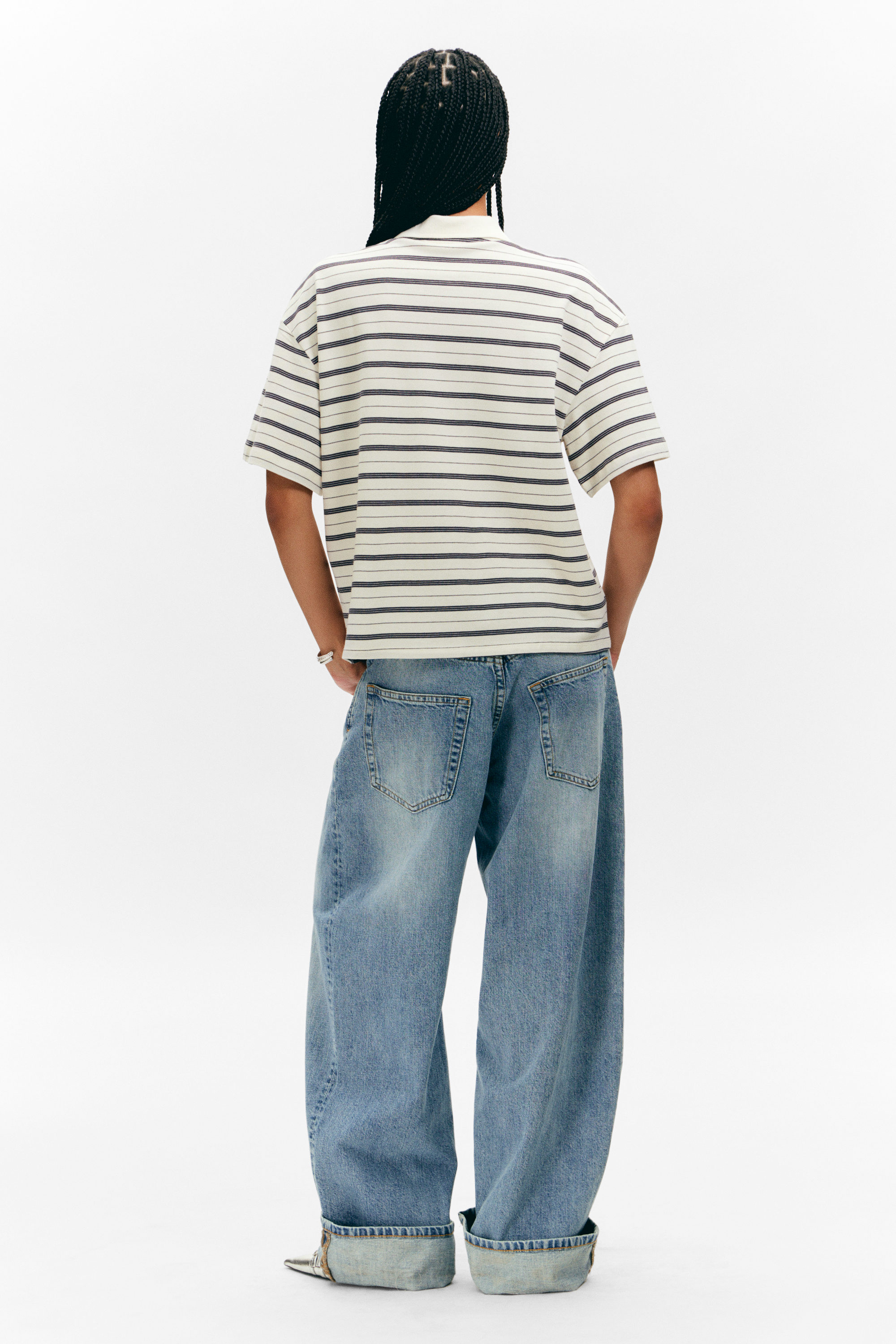 Striped Off-black & White - Striped Relaxed Fit Polo Shirt - 5