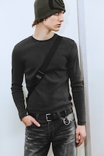 Tvättad Svart - Ribbad långärmad T-shirt - 0