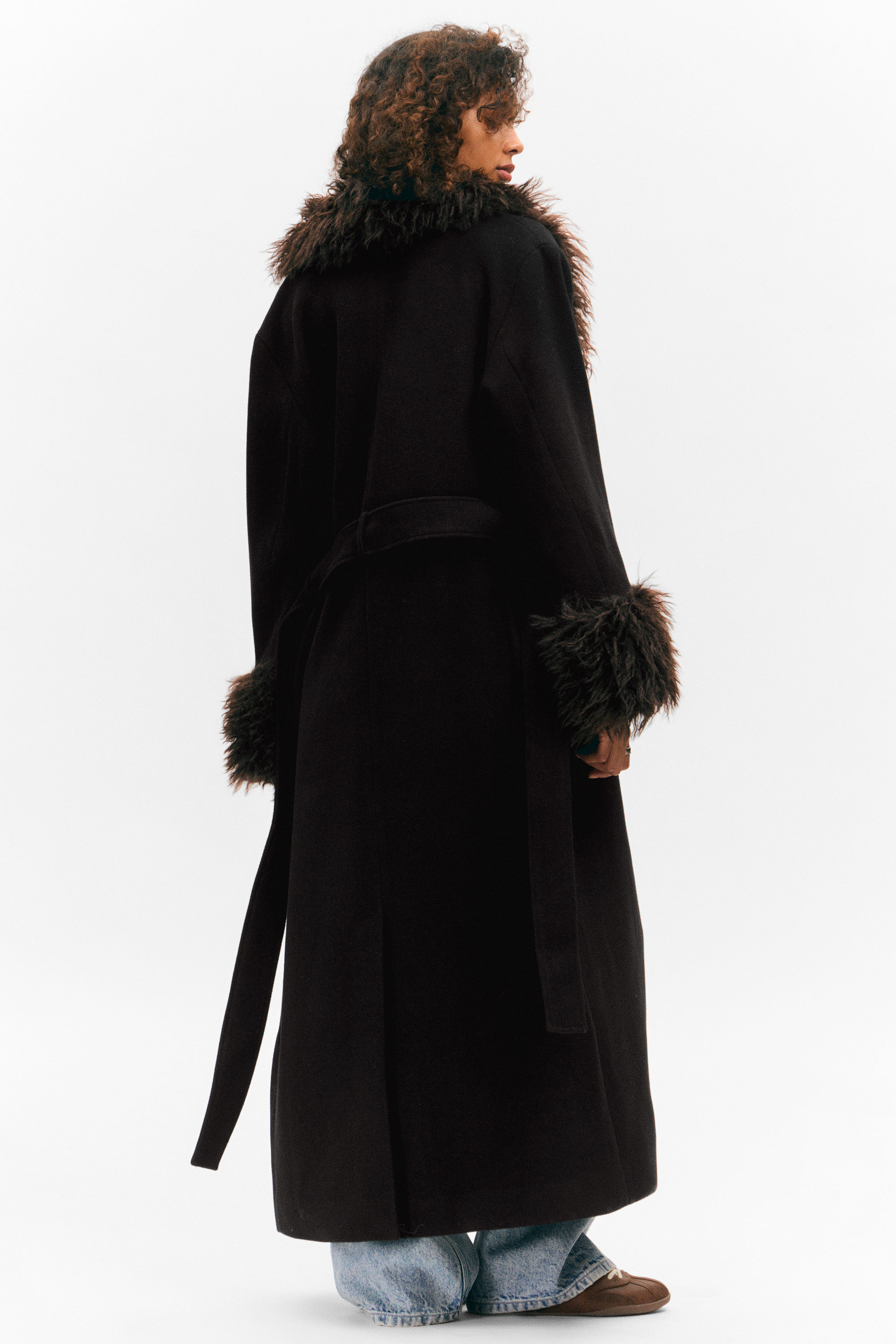 Black - Brown Faux Fur - Long Oversized Coat with Faux-Fur Trims - 5