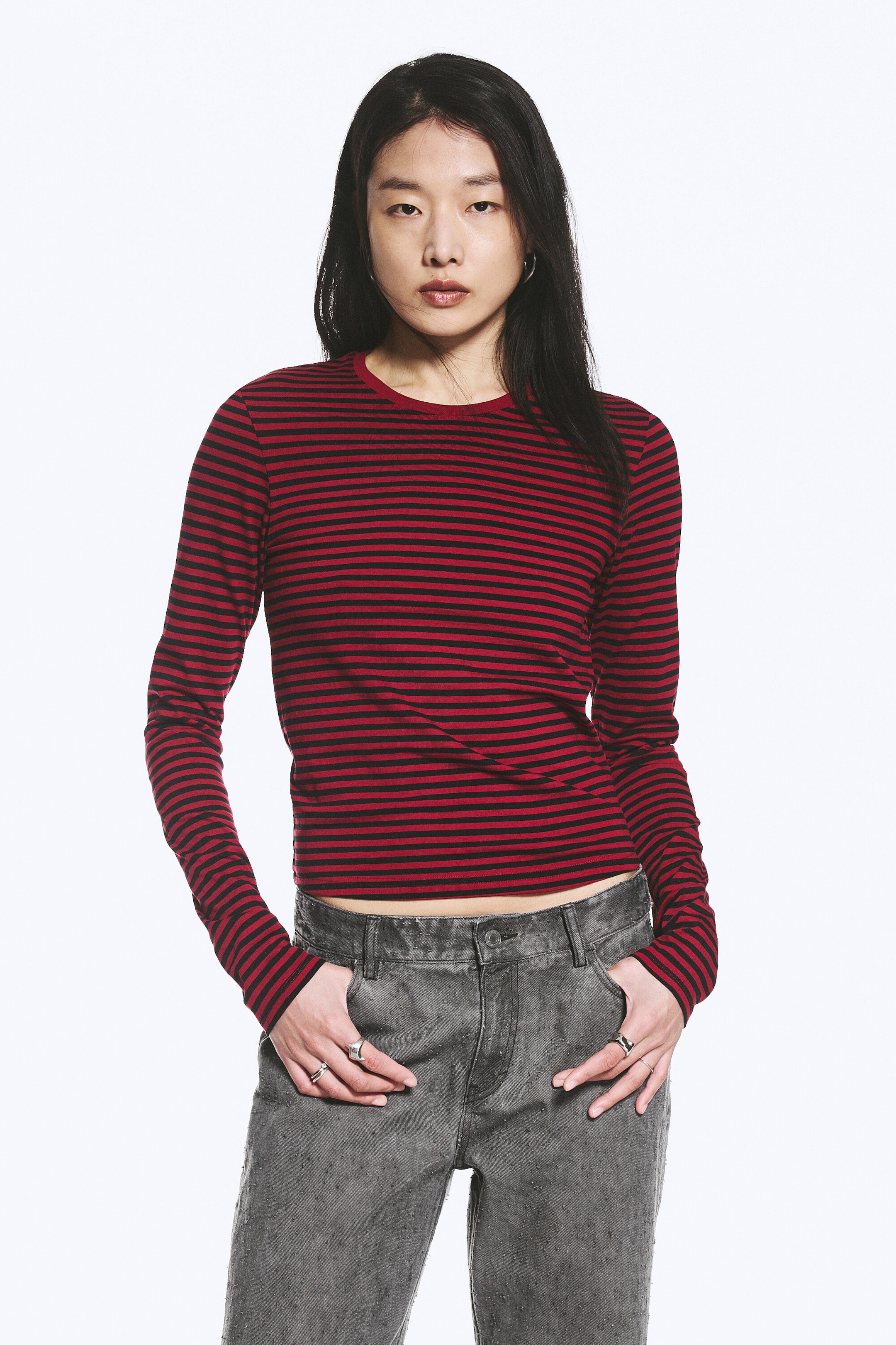 Striped Dark Red - Slim Long-Sleeved Cotton Top - 0