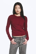 Striped Dark Red - Slim Long-Sleeved Cotton Top - 0