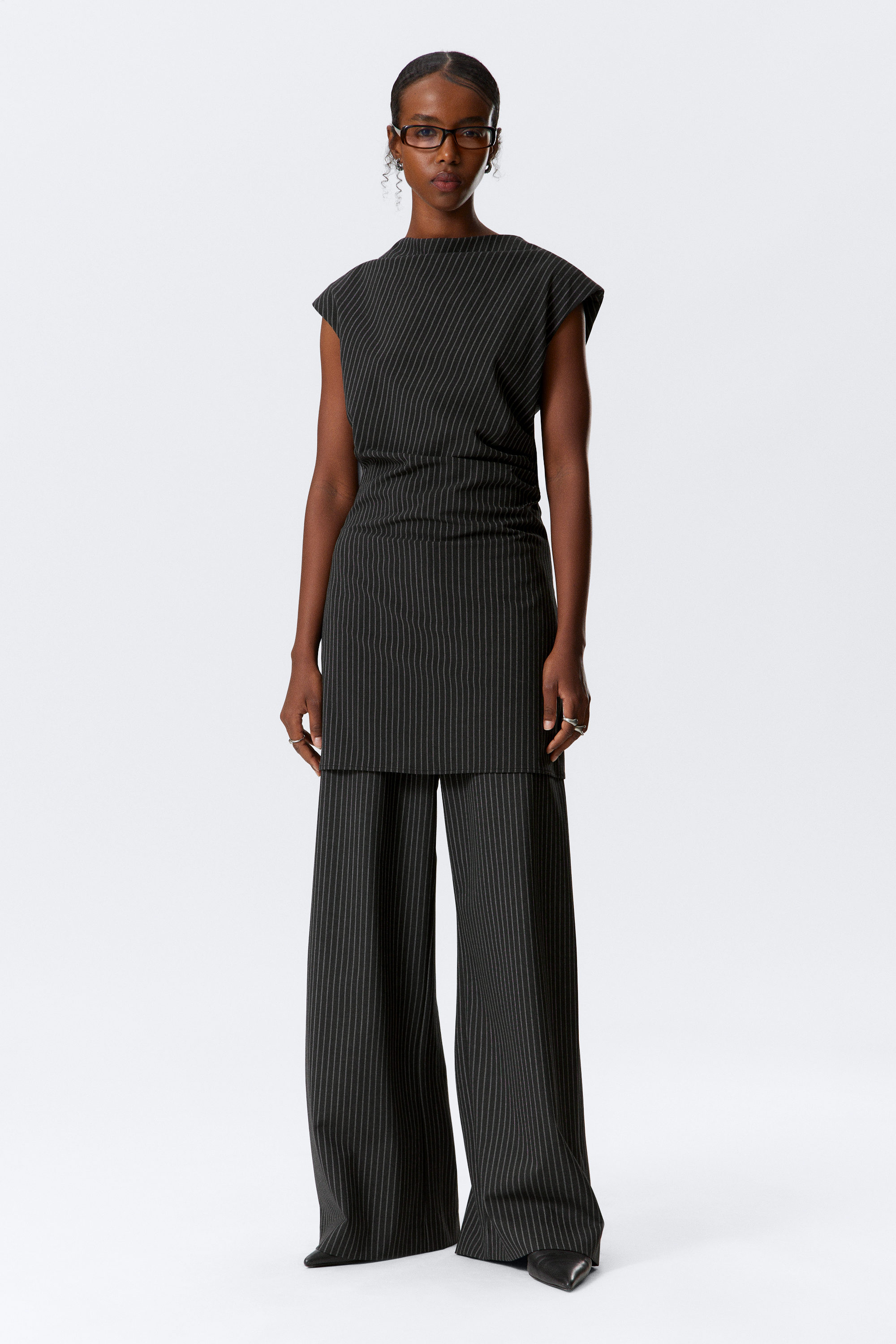 Black Striped - Draped Cap-Sleeved Mini Suiting Dress - 1