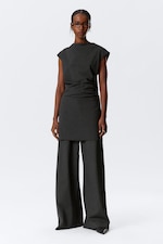 Noir rayé - Robe de tailleur courte drapée à manches courtes - 0